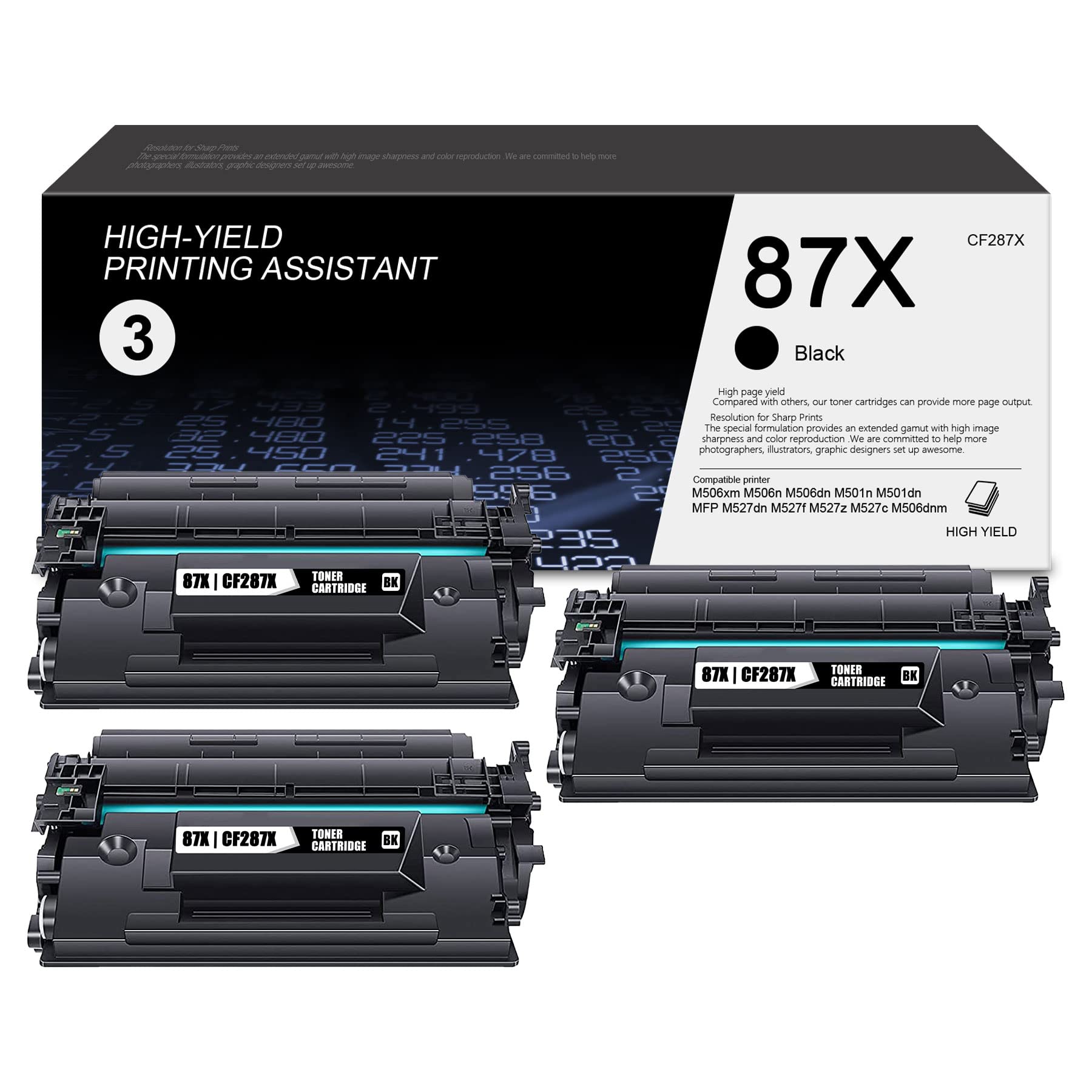 High Yield 87X CF287X Toner Cartridge Replacement (3 Pack, Black) - Compatible with HP M527c M506dnm M527dn M527f M527z M506xm M506n M506dn Pro M501n M501dn MFP Printers - Perfect for Office & Home Printing Needs