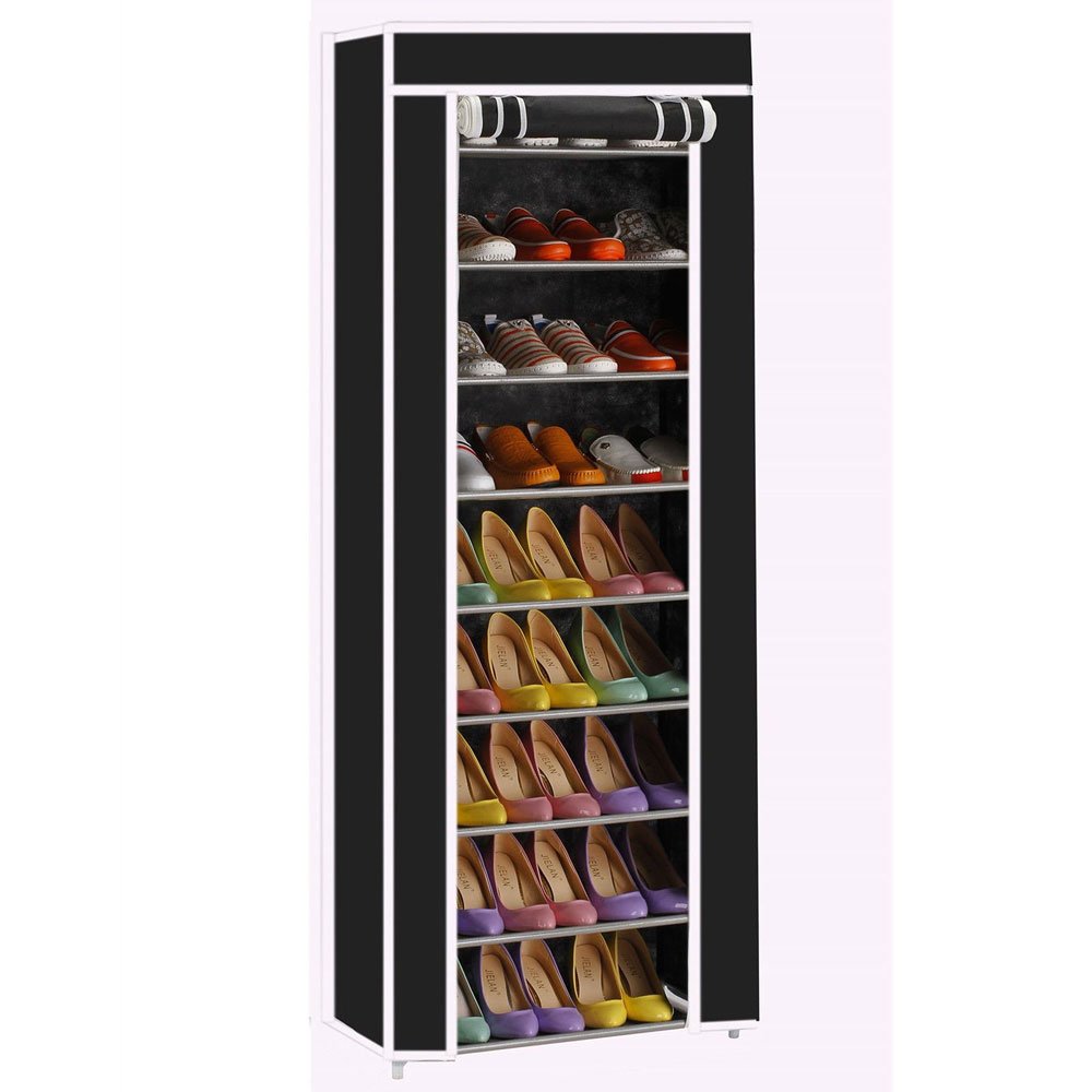 10-Tier Shoe Rack Organizer with Dustproof Cover - Portable Shoe Storage Cabinet Tower with Non-Woven Fabric - Perfect for Closet, Entryway & Bedroom Organization (Black)