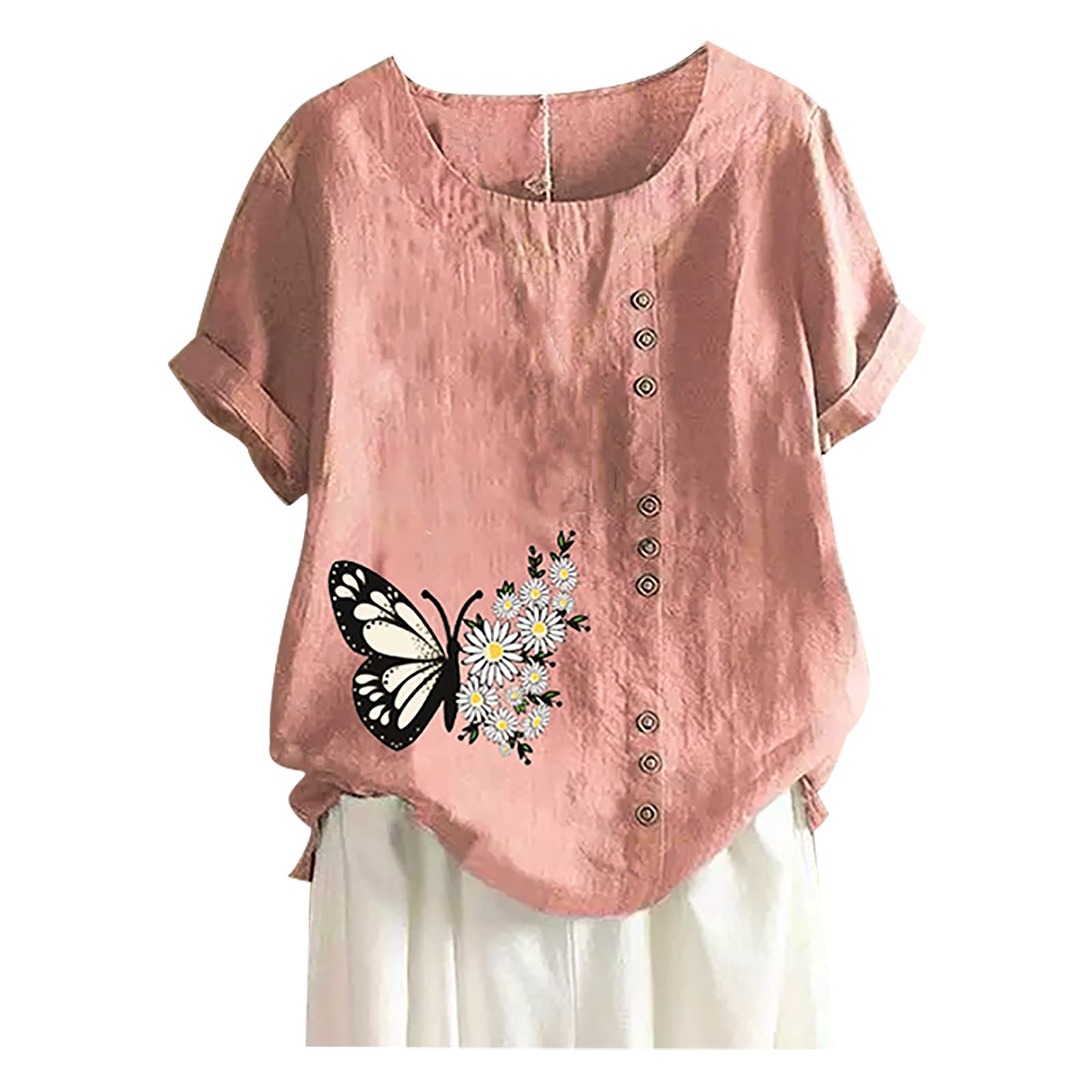 Women's Floral Printed Button Tee Tops - Short Sleeve Crew Neck Cotton Linen Tunic Blouse for Casual Wear, Summer Outfits & Boho Style Fashion