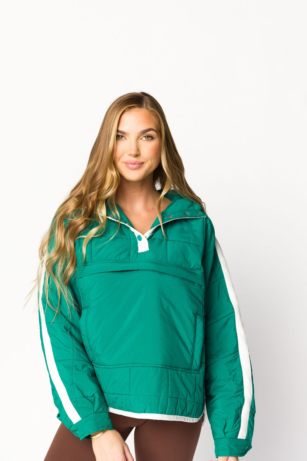 Joanna Quilted Puffer Pullover Jacket for Women - Warm Winter Hooded Coat in Hunter Green/White | Outdoor Hiking, Skiing & Casual Wear