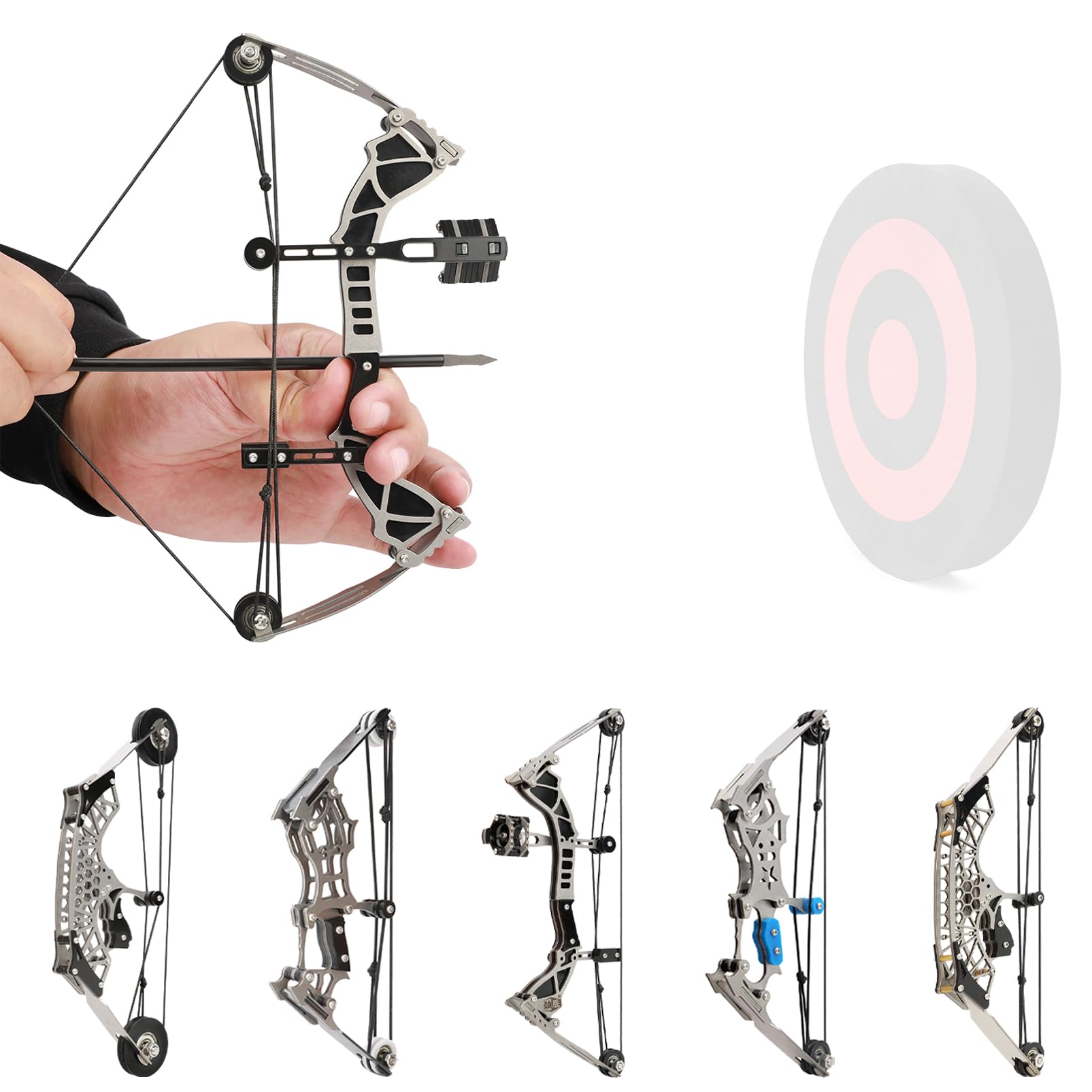 Mini Compound Bow Set for Right & Left Hand - Metal Hunting Bow with 12 Arrows | Outdoor Target Practice, Backyard Archery & Survival Training Gear