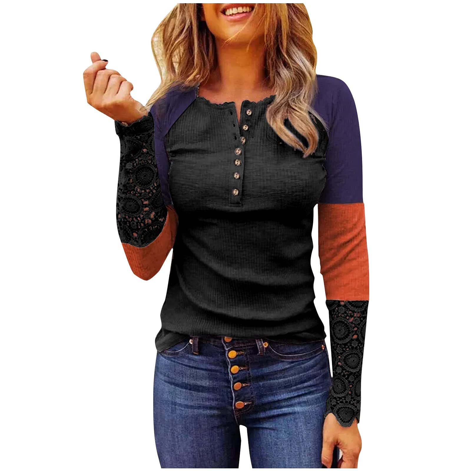 Plus Size Women's Ribbed Henley Tops - Casual Short & Long Sleeve Lace Blouses for Everyday Wear | Sexy Low Cut T-Shirts for Date Night & Office Outfits