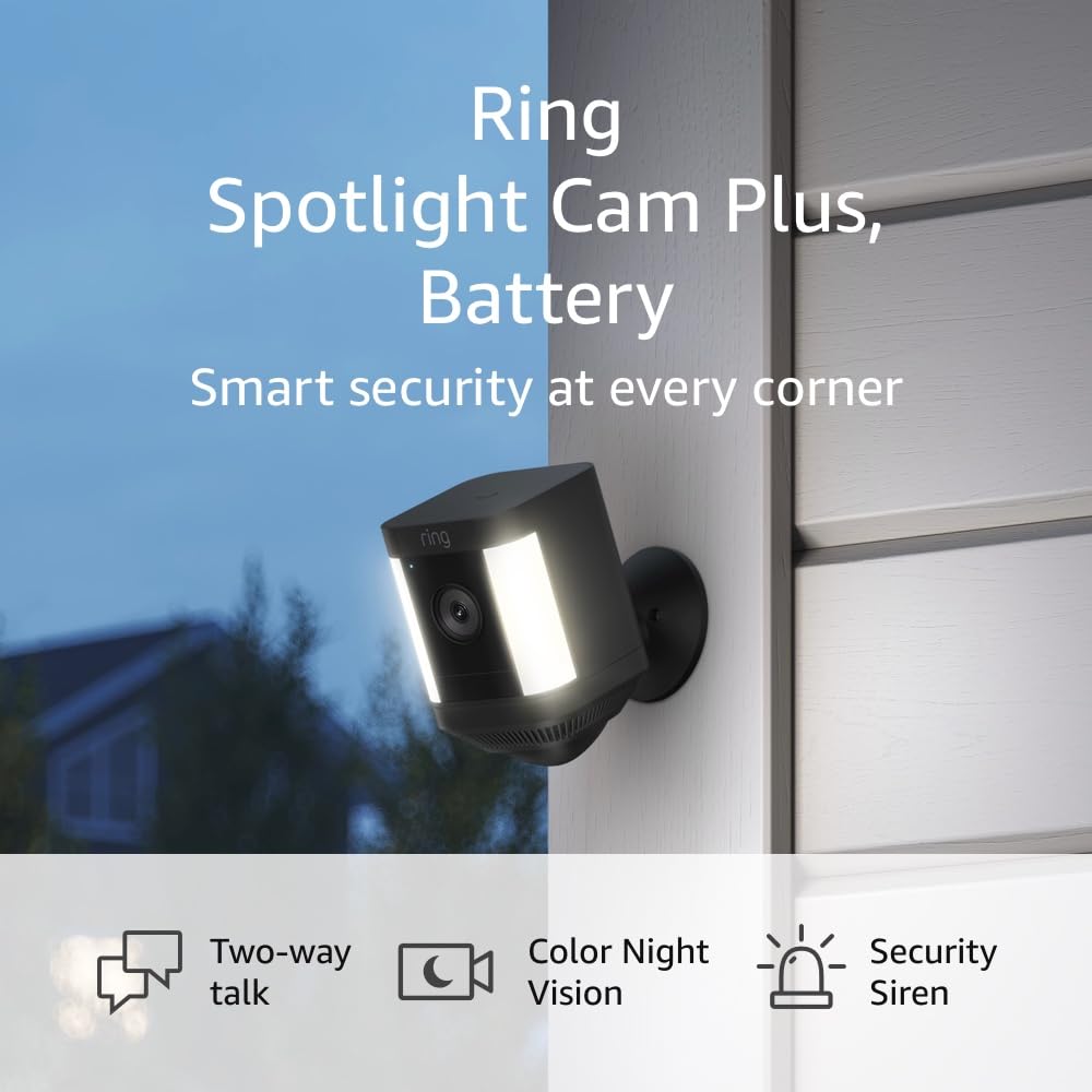 Ring Spotlight Cam Plus Battery-Powered Security Camera - 2 Pack Black | Two-Way Audio, 1080p HD, Color Night Vision, Built-in Siren | Outdoor Home Security for Front Door, Backyard, Garage (2022 Model)