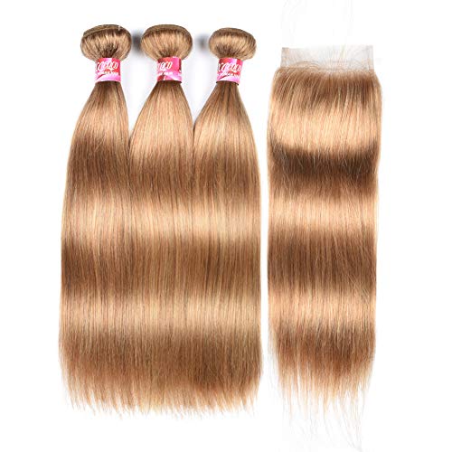 XCCOCO Honey Blonde 3 Bundles Peruvian Silk Straight Human Hair Extensions with 4x4 Lace Closure - 8A Quality Remy Virgin Hair in 27# Pure Blonde (12+12+14inch +12inch Closure) | Perfect for New Year Gifts, Bridal Styling & Everyday Glamour