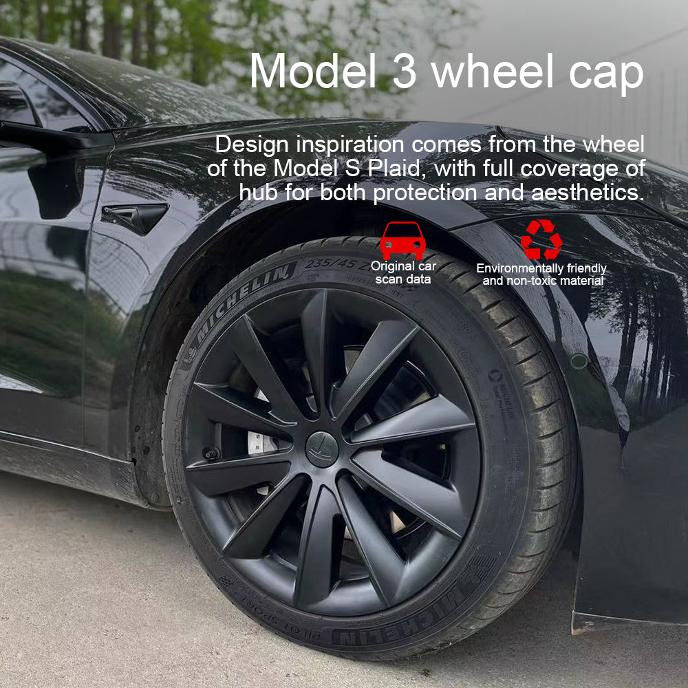 EVBASE Tesla Model 3 18 Inch Aero Wheel Covers - Matte Black Hubcaps Replacement (4PCS) for 2017-2023 Models | Enhance Style & Protect Wheels for Daily Driving & Road Trips