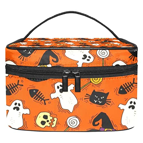 Large Travel Makeup Bag for Women - Portable Cosmetic Organizer with Brush Storage | Waterproof Toiletry Case for Vacation, Gym & Daily Use | Spooky Black Cats & Ghosts Design