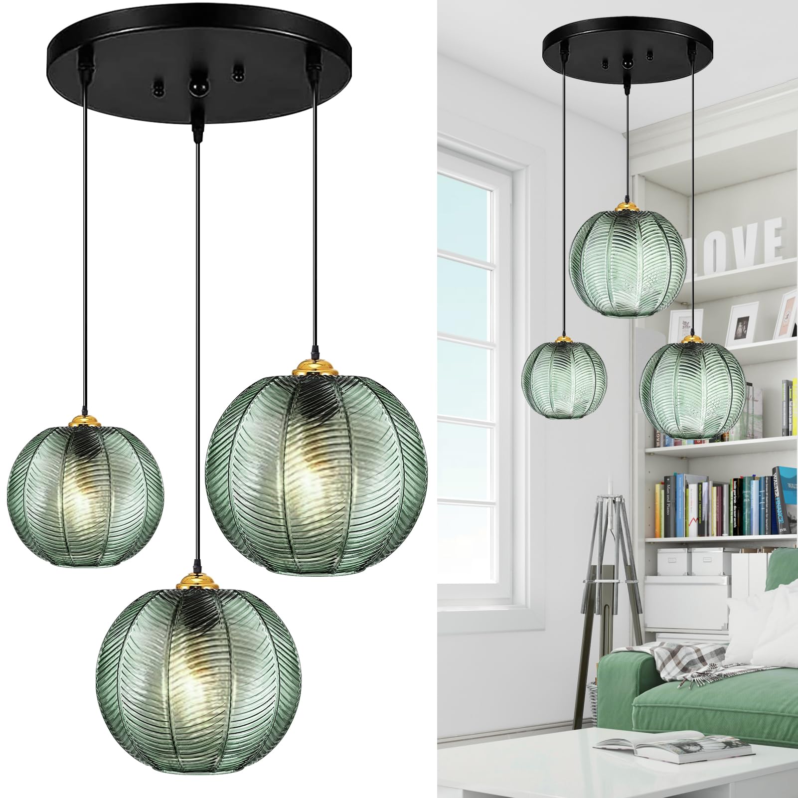 GXF 3 in 1 Green Glass Pendant Light Fixtures - E26 E27 Large Glass Chandelier with Ribbed Blown Glass Globe Shade - Mid Century Modern Hanging Ceiling Light for Living Room, Restaurant, Bar & Cafe Lighting Decor