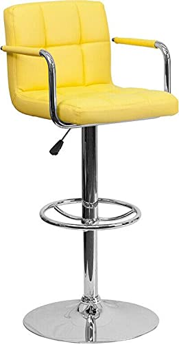 Adjustable Height Yellow Quilted Bar Stool with Arms & Chrome Base - Swivel Kitchen Island Stool for Counter, Dining & Home Decor