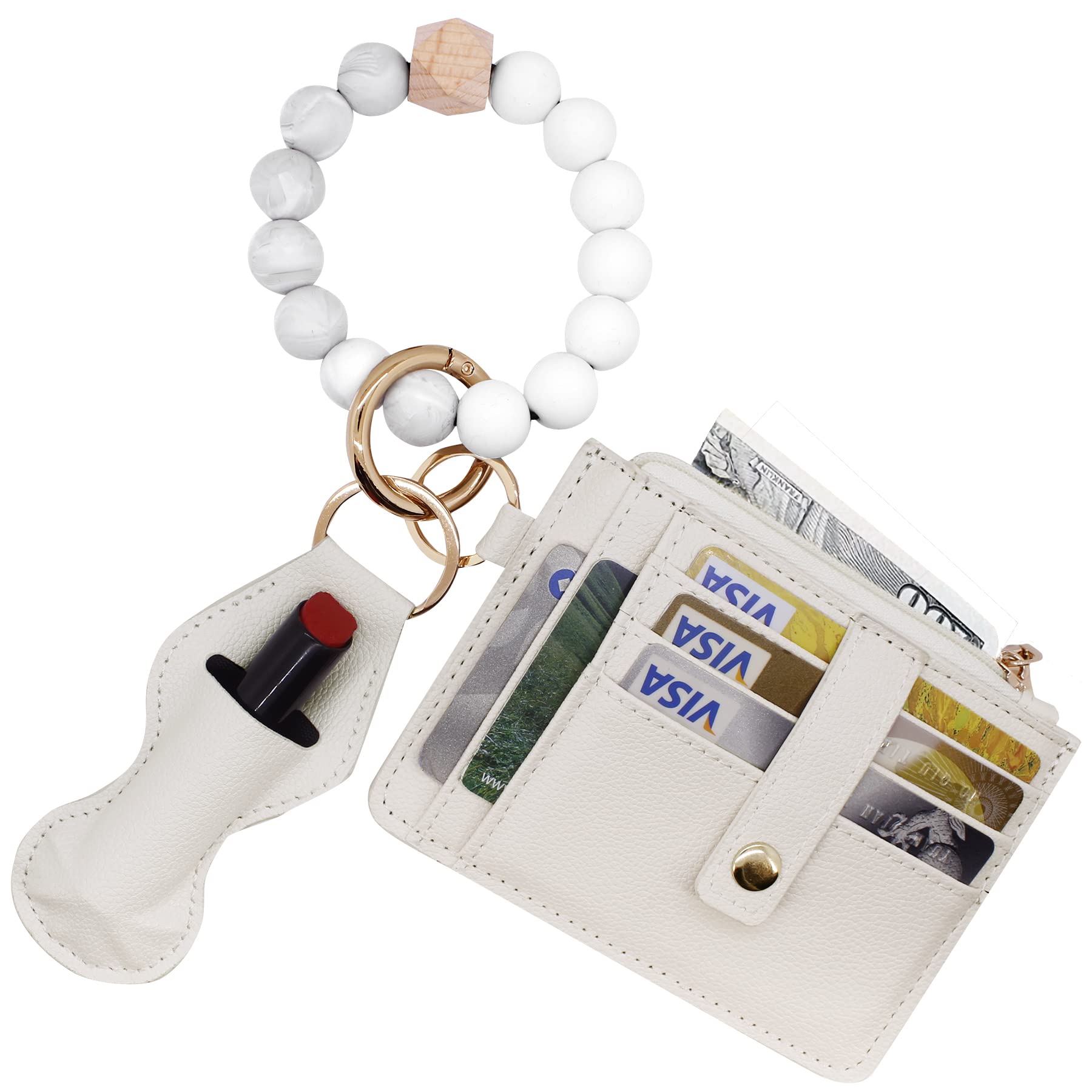 BIHRTC Women's Silicone Key Ring Bracelet - Stylish Beaded Wristlet Keychain with Leather Tassel & Lipstick Holder | Elastic Portable Key Organizer for House, Car Keys | Perfect for Daily Use, Travel & Gifts