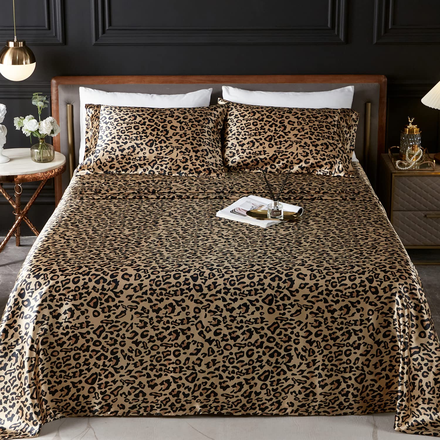 Premium 4-Piece Full Size Satin Sheet Set - Ultra Soft Luxury Bedding, Wrinkle-Free & Stain Resistant with Deep Pocket Fitted Sheet | Cooling Printed Yellow Leopard Design for Bedroom Decor & Gift Giving