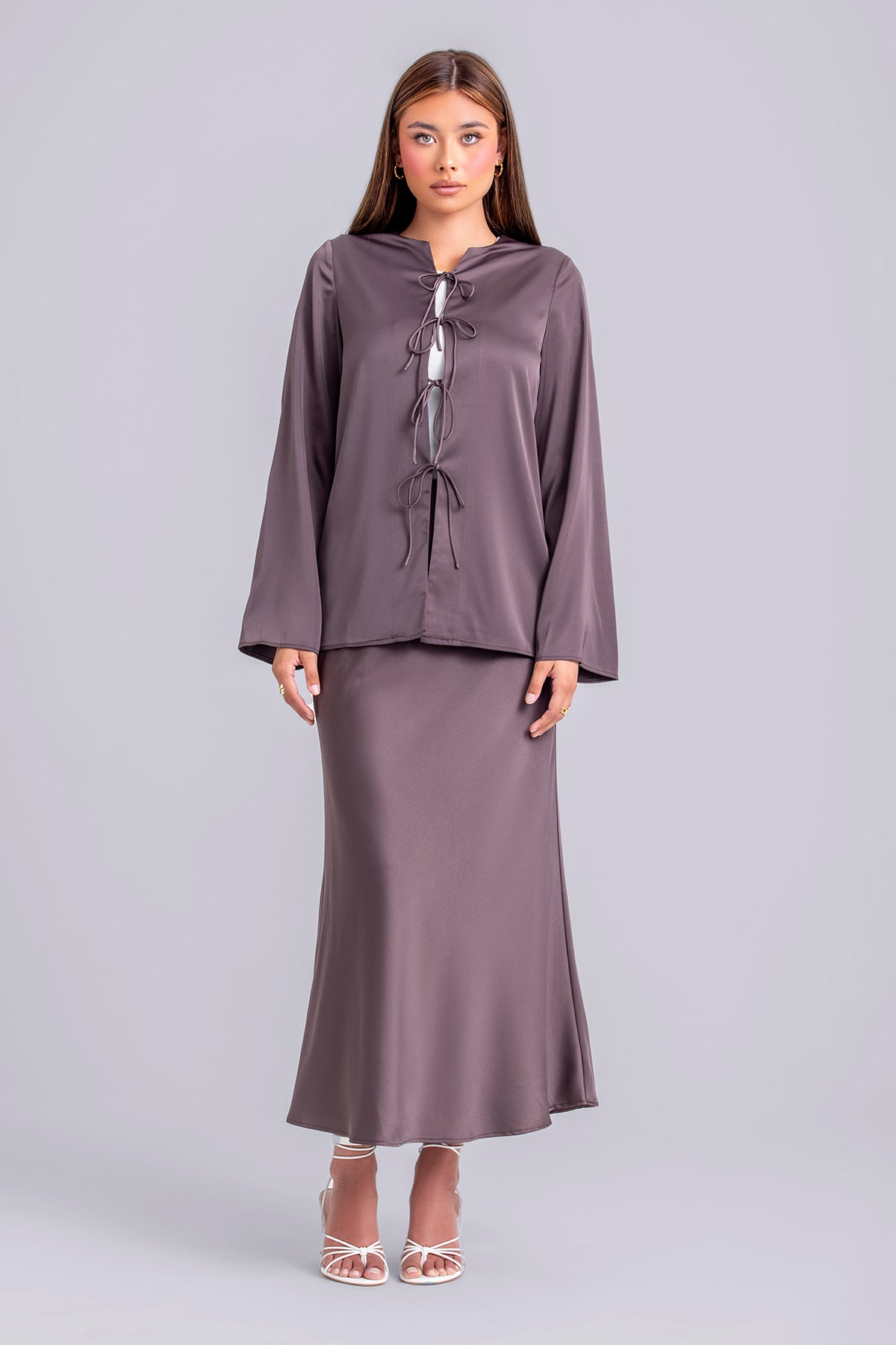Layan Women's Satin Top and Maxi Skirt Set - Elegant Chestnut Brown Outfit for Party, Wedding & Special Occasions