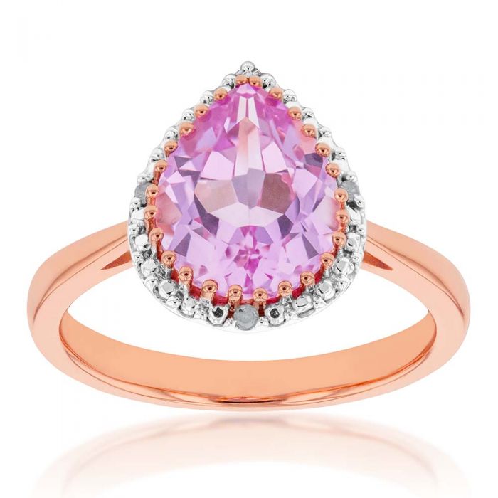 9ct Rose Gold Peach Sapphire & Diamond Pear Cut Ring for Women - Elegant Engagement, Wedding, Anniversary Jewelry Gift