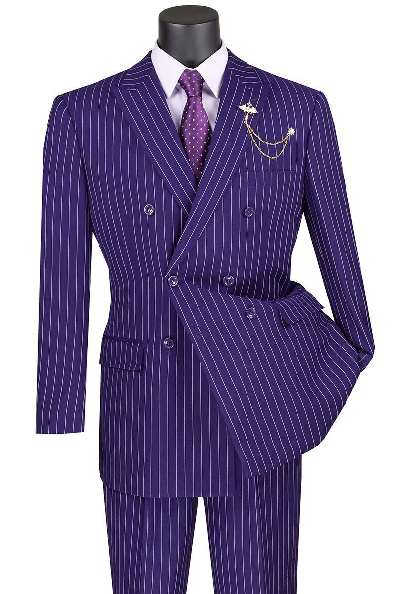 Banker Collection Men's Double Breasted Pinstripe Purple Suit | Formal Business Attire | Perfect for Weddings, Office & Special Occasions