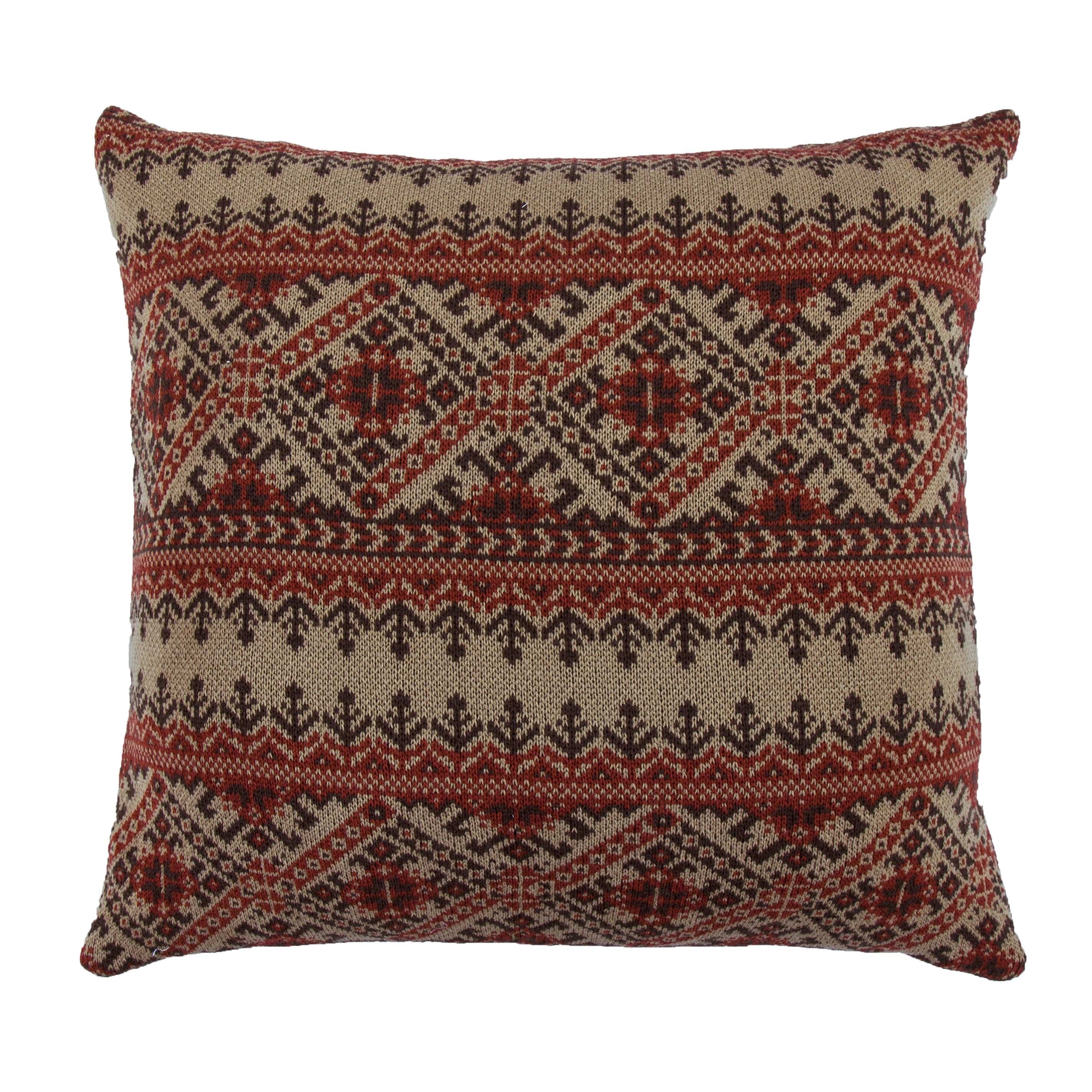Fair Isle Knit Euro Sham Pillow Cover - Red, Tan & Chocolate - Cozy Winter Home Decor for Bedroom & Living Room