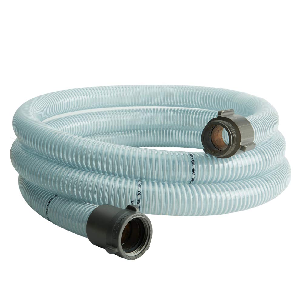 USA-Made 1.5 Inch x 10ft Suction Pump Water Hose with Fire Hose Threads - Heavy Duty White/Clear Trash Pump Hose for Drainage, Flood Control & Firefighting Applications