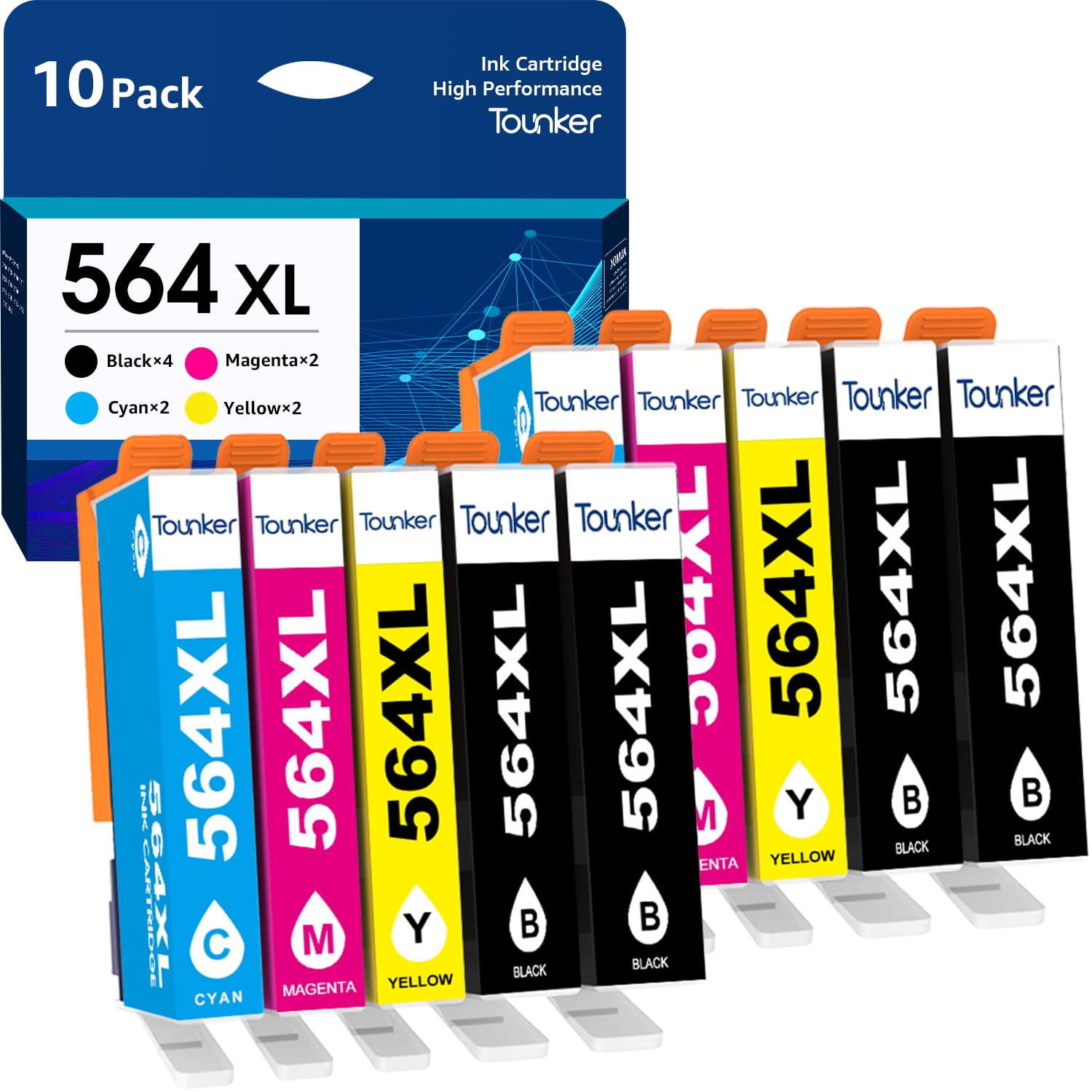 Tounker 564XL Ink Cartridges 10-Pack - Compatible with HP 564XL for DeskJet 3520, Officejet 4620, Photosmart 5520 Printers (4 Black, 2 Cyan, 2 Magenta, 2 Yellow) - High-Quality Replacement Ink for Home & Office Printing