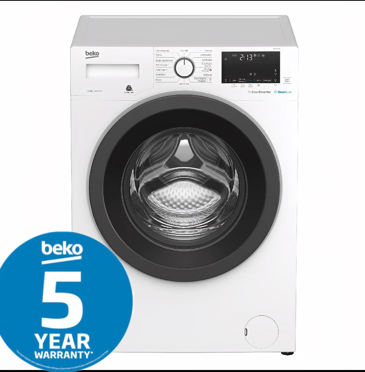 Beko BFL7510W 7.5kg Front Load Washing Machine with Steam & Bluetooth - Energy Efficient European Made Laundry Appliance for Smart Homes & Small Apartments