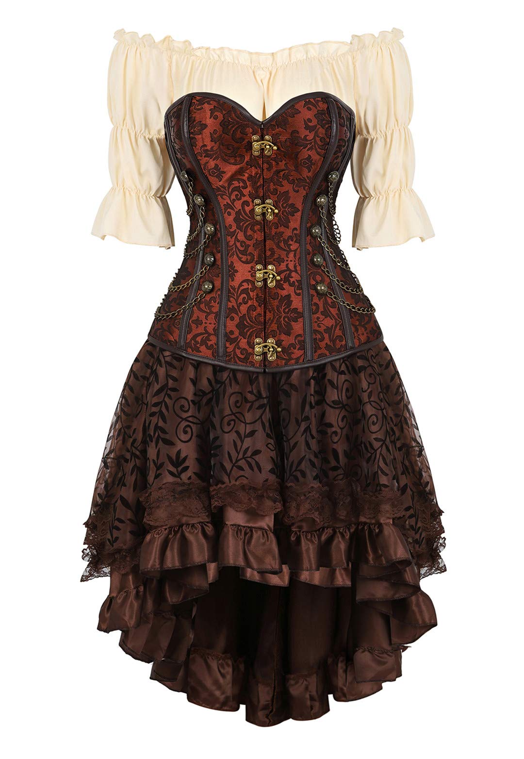 Steampunk Corset Dress for Women - 3-Piece Victorian Gothic Costume Set with Bustier, Blouse & Skirt | Perfect for Cosplay, Halloween, Renaissance Fairs & Themed Parties