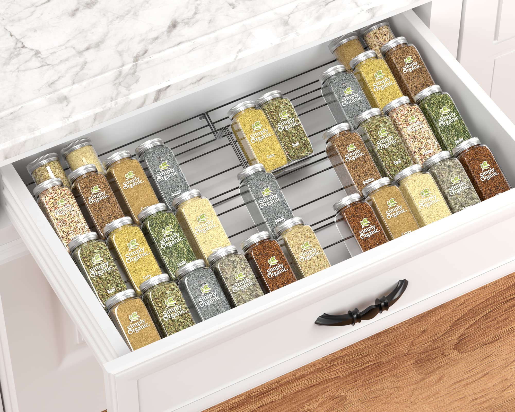 4-Tier Steel Spice Rack Organizer for Kitchen Cabinets - Space Saving Drawer Insert with 2 Black Trays | Perfect for Pantry, Spice Storage & Kitchen Organization