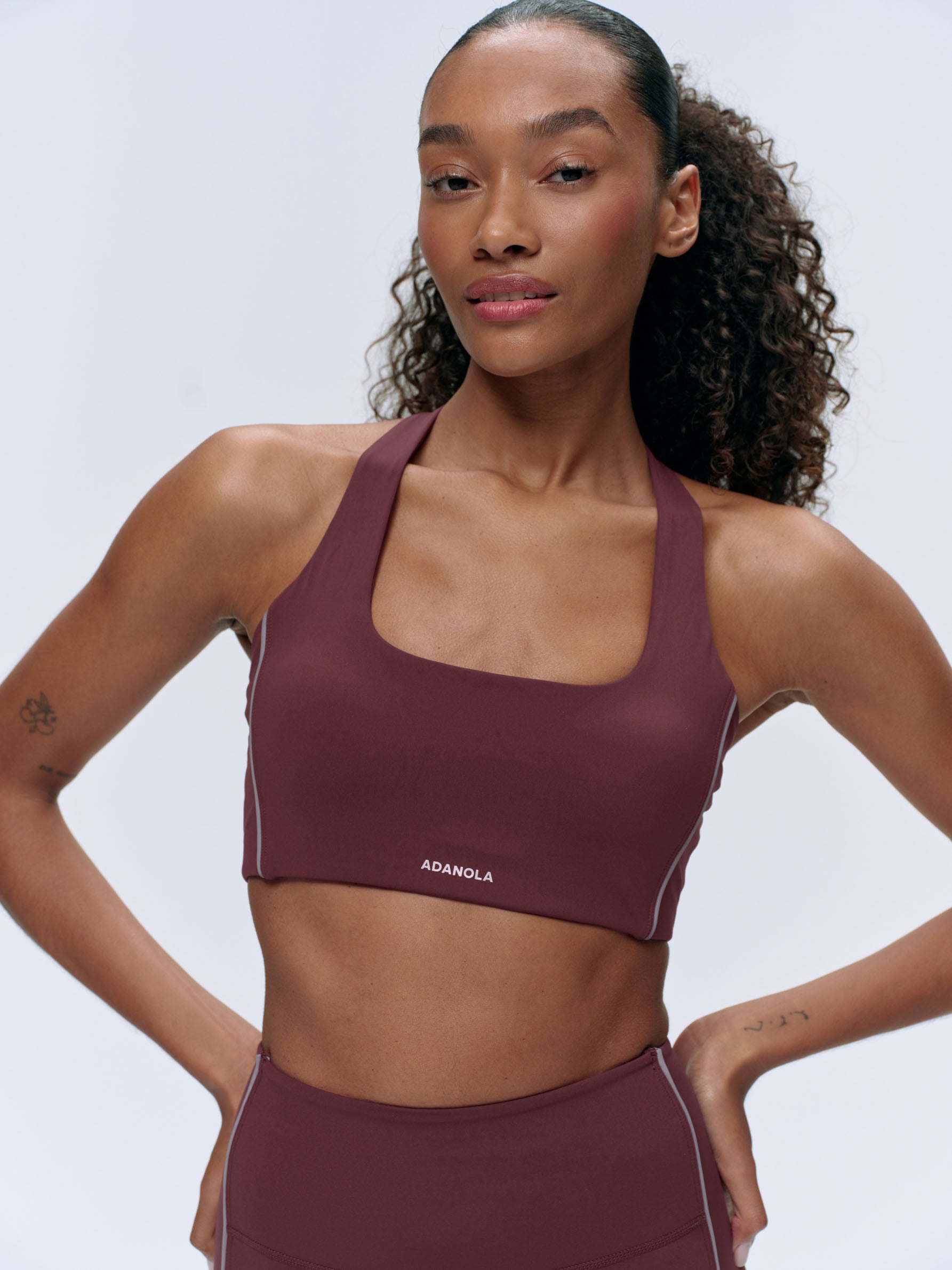 Ultimate Reflective Piping Open Back Tank Bra - Burgundy Red Sports Bra for Running, Yoga & Gym Workouts