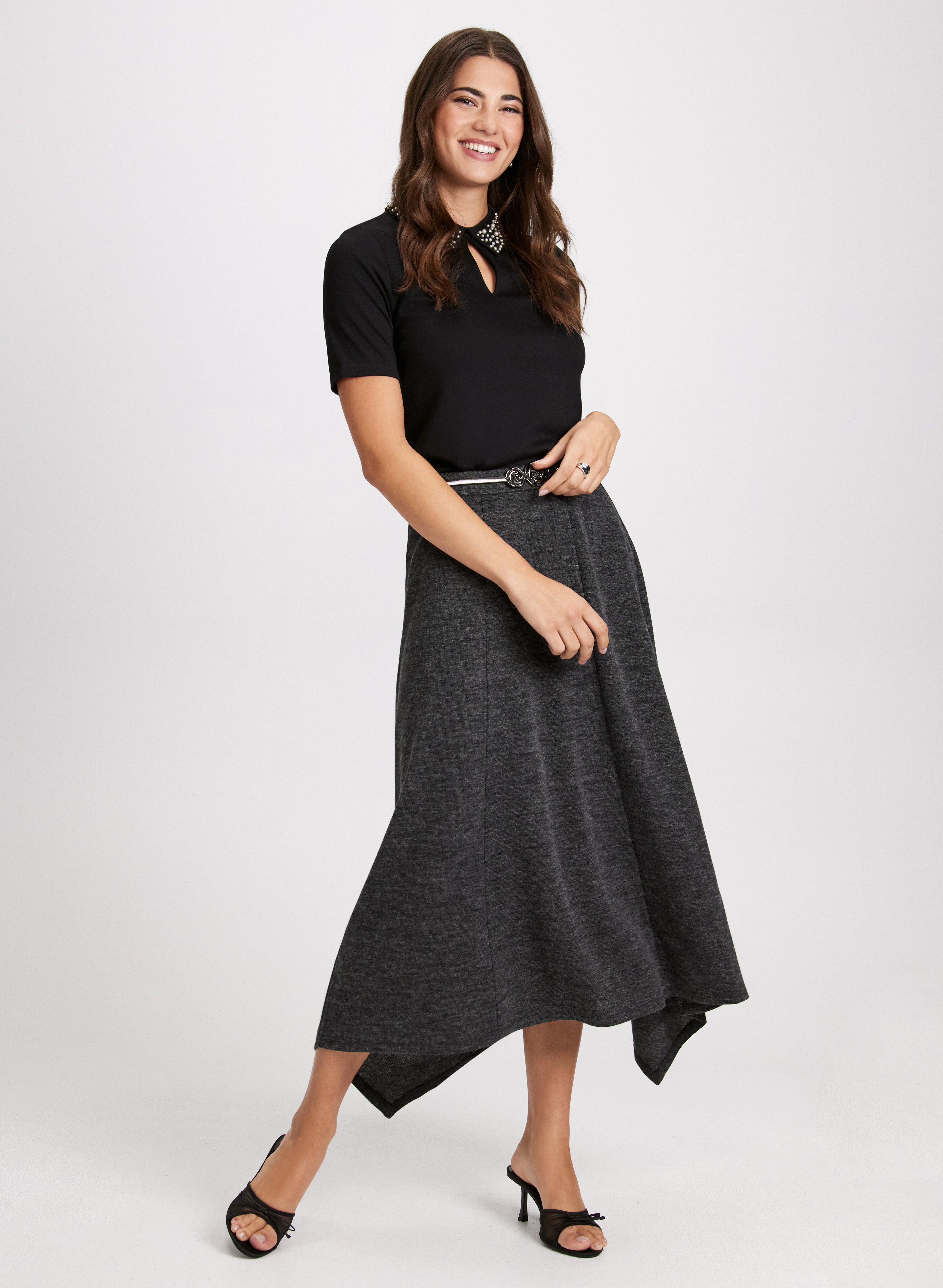 Embellished Collar Blouse & Asymmetric Hem Skirt Set - Women's Fashion Tops and Skirts for Party, Date Night & Special Occasions