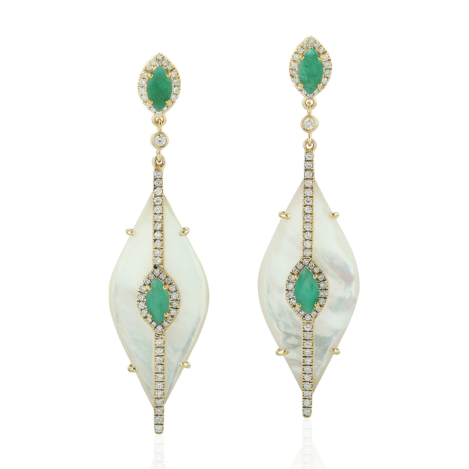 Exquisite Marquise Cut Mother of Pearl Prong Set Emerald Pave Diamond Dangle Earrings in 14K Gold | Elegant Wedding, Party & Evening Wear Jewelry