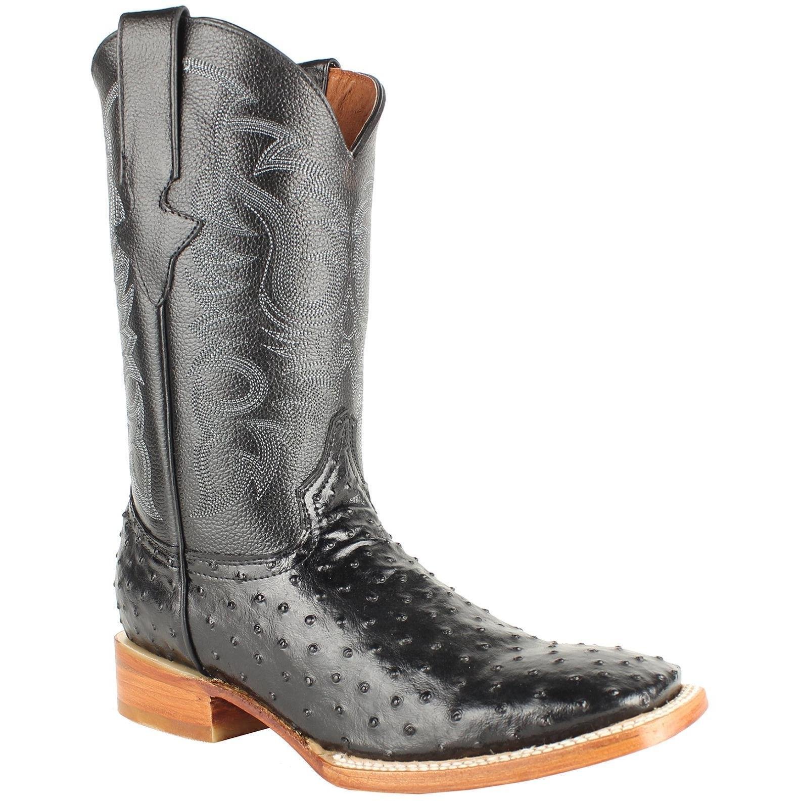 Genuine Cowhide Leather Men's Western Boots with Ostrich Print & Square Toe - Perfect for Country Rides, Rodeos & Casual Outfits