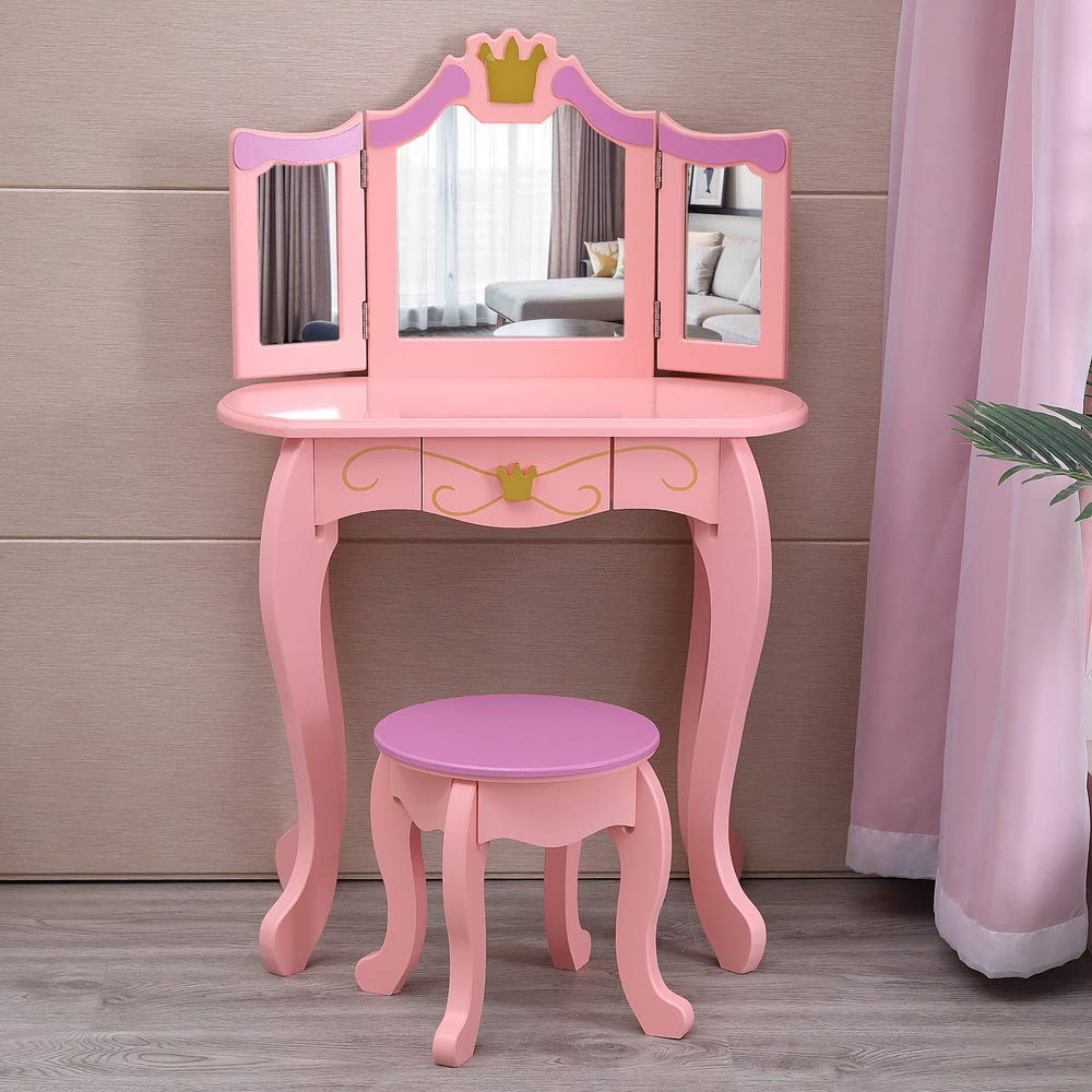 FCH Pink Children's Dresser with 3 Mirrors and Curved Legs - Perfect for Kids' Bedroom, Nursery, or Playroom Storage & Organization
