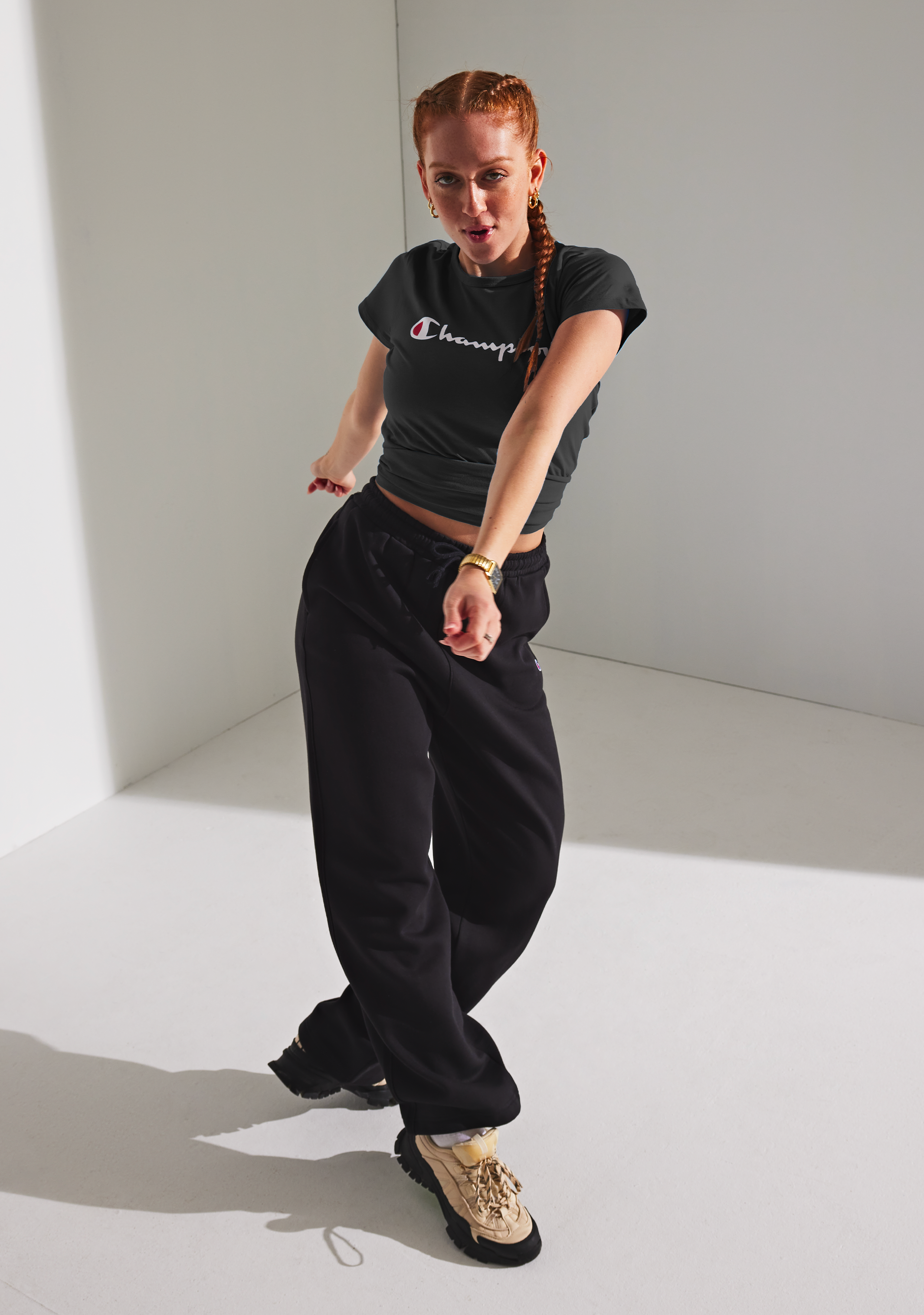 Champion Women's Script Logo Crop Boxy T-Shirt - Black | Casual Streetwear & Lounge Wear for Everyday Comfort