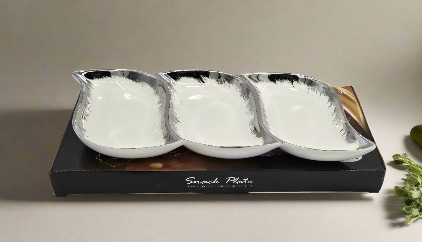 15x6.5 Inch 3-Section Porcelain Serving Dish with Silver Trim - Elegant Appetizer Platter for Parties, Weddings & Home Decor