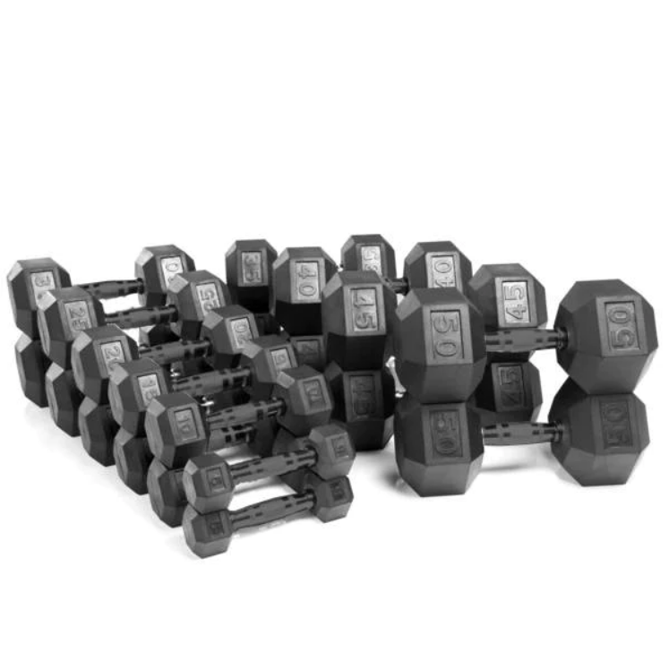 Hexagonal Rubber Dumbbell Set 5-50 lbs - Premium Prepacked Weights for Home Gym & Strength Training