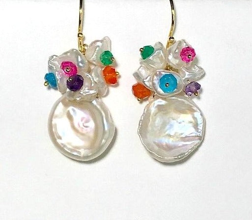 Keishi Pearl & Multicolor Gemstone Cluster Earrings | Handmade Boho Jewelry for Women | Perfect for Weddings, Parties & Everyday Wear