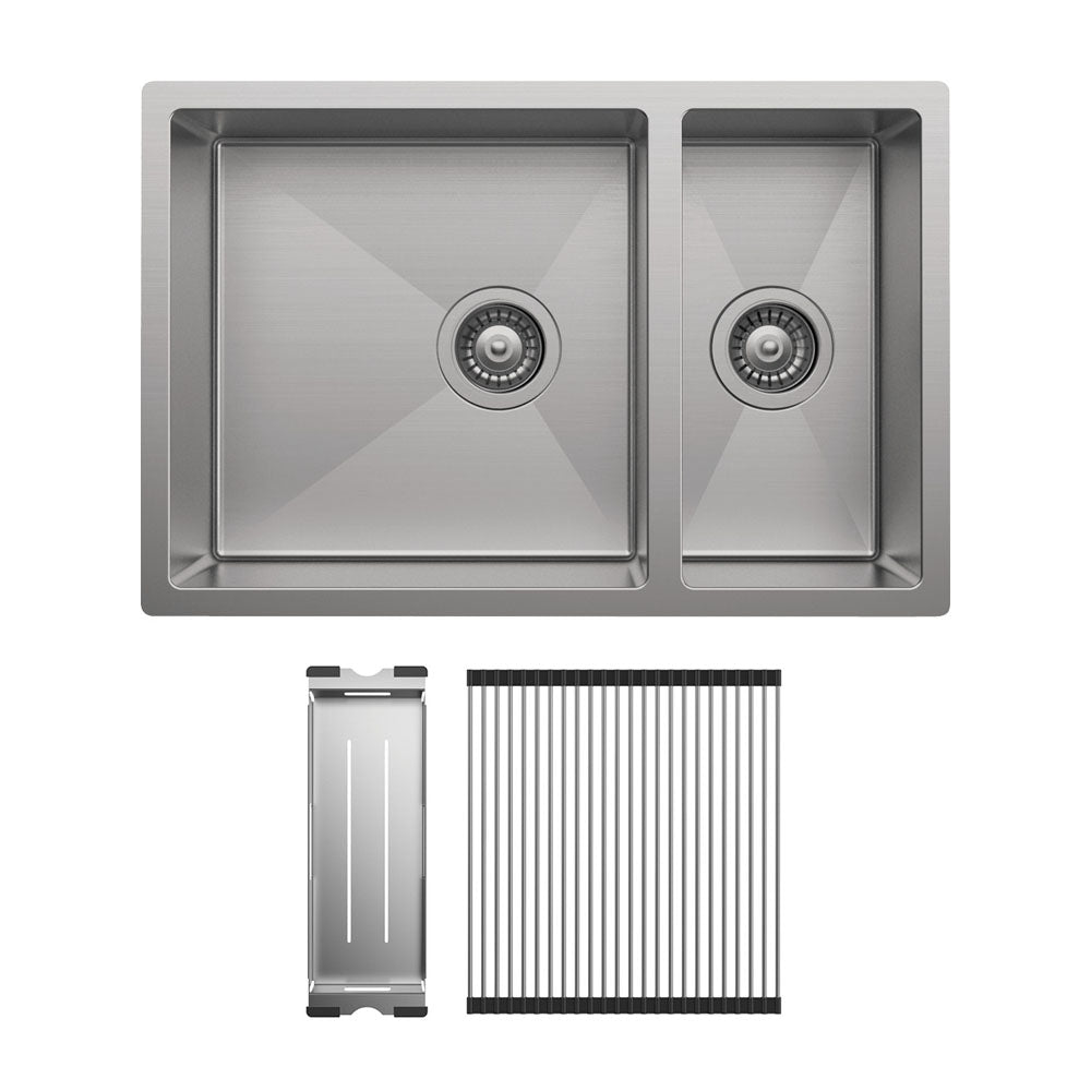 Fienza 68407 Hana Double Bowl Kitchen Sink 30L & 15L Stainless Steel with Drainboard & Accessories - Perfect for Busy Kitchens, Restaurant Prep, and Large Family Cooking