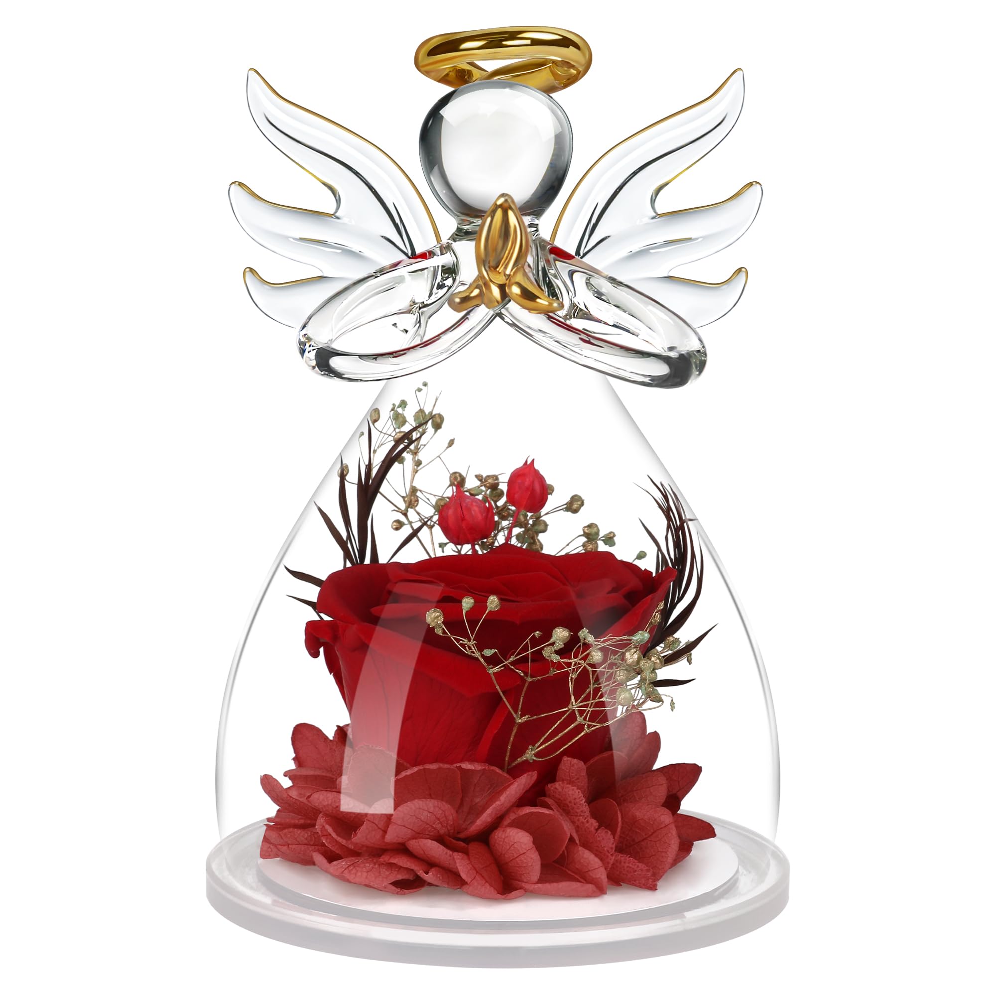 Preserved Red Rose in Glass Angel Figurines - Mother's Day, Birthday Gift for Women, Mom, Grandma, Wife, Sister - Perfect for Home Decor, Wedding Favors, and Special Occasions
