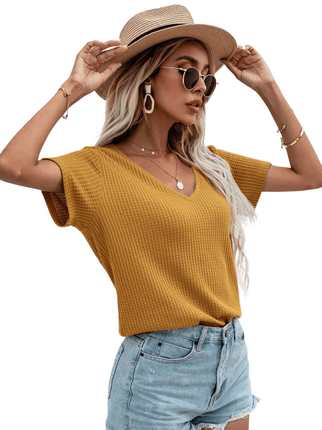 SweatyRocks Women's Casual V-Neck Short Sleeve Waffle Knit T-Shirt - Soft Breathable Cotton Top for Everyday Wear, Work, and Weekend Outings