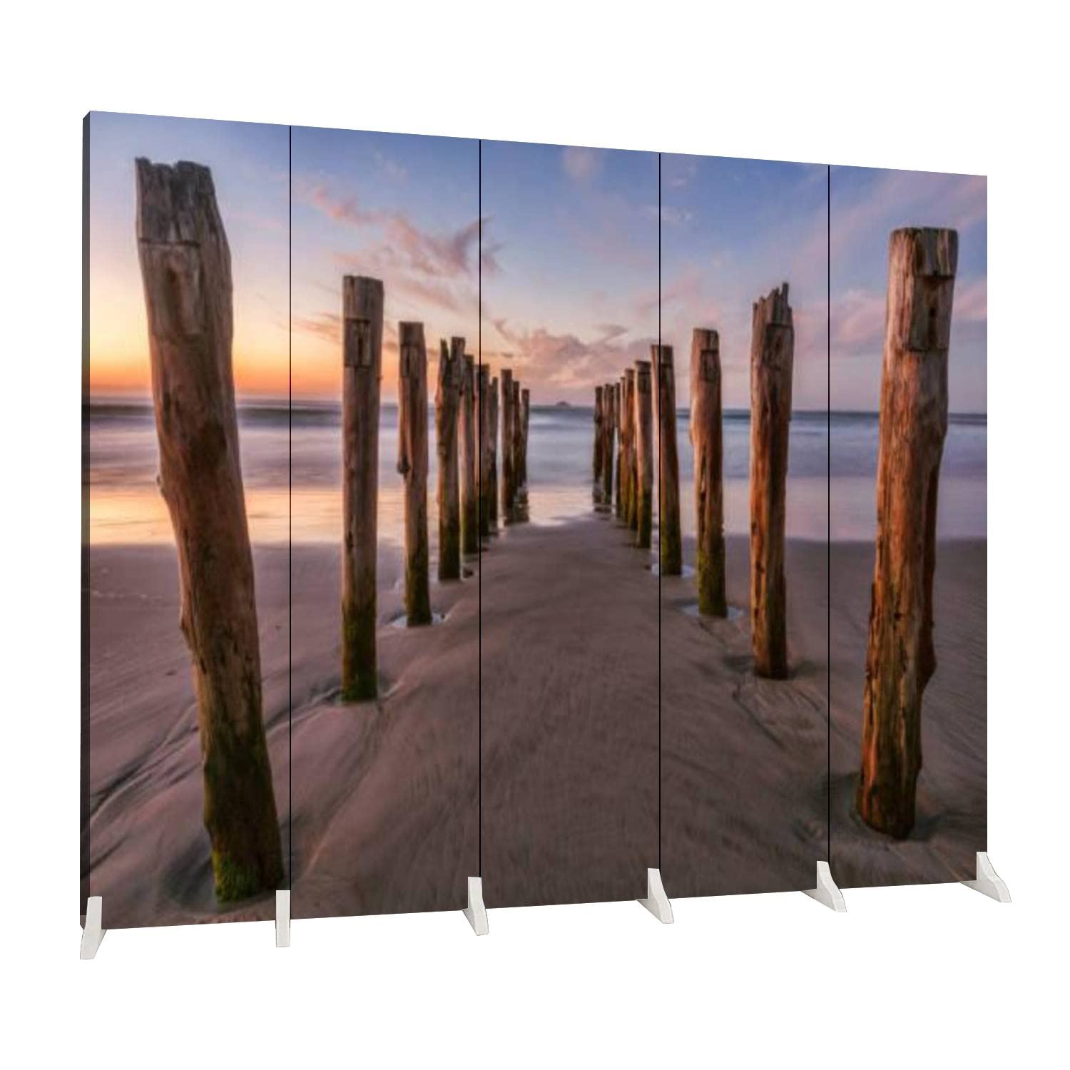 5-Panel Folding Room Divider - Old Jetty St Clair Beach Canvas Privacy Screen for Indoor/Outdoor Use - Freestanding Partition Wall for Home, Office, and Beach House Decor