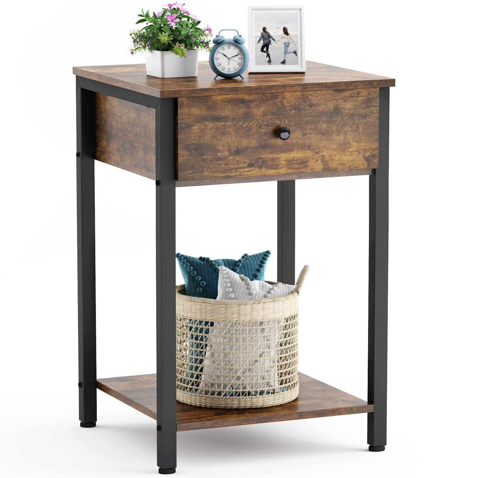 Industrial Wood Nightstand with Drawer & Storage Shelf - Rustic Bedside Table for Bedroom, Living Room, Hallway - Easy Assembly Home Furniture for Small Spaces & Apartment Decor