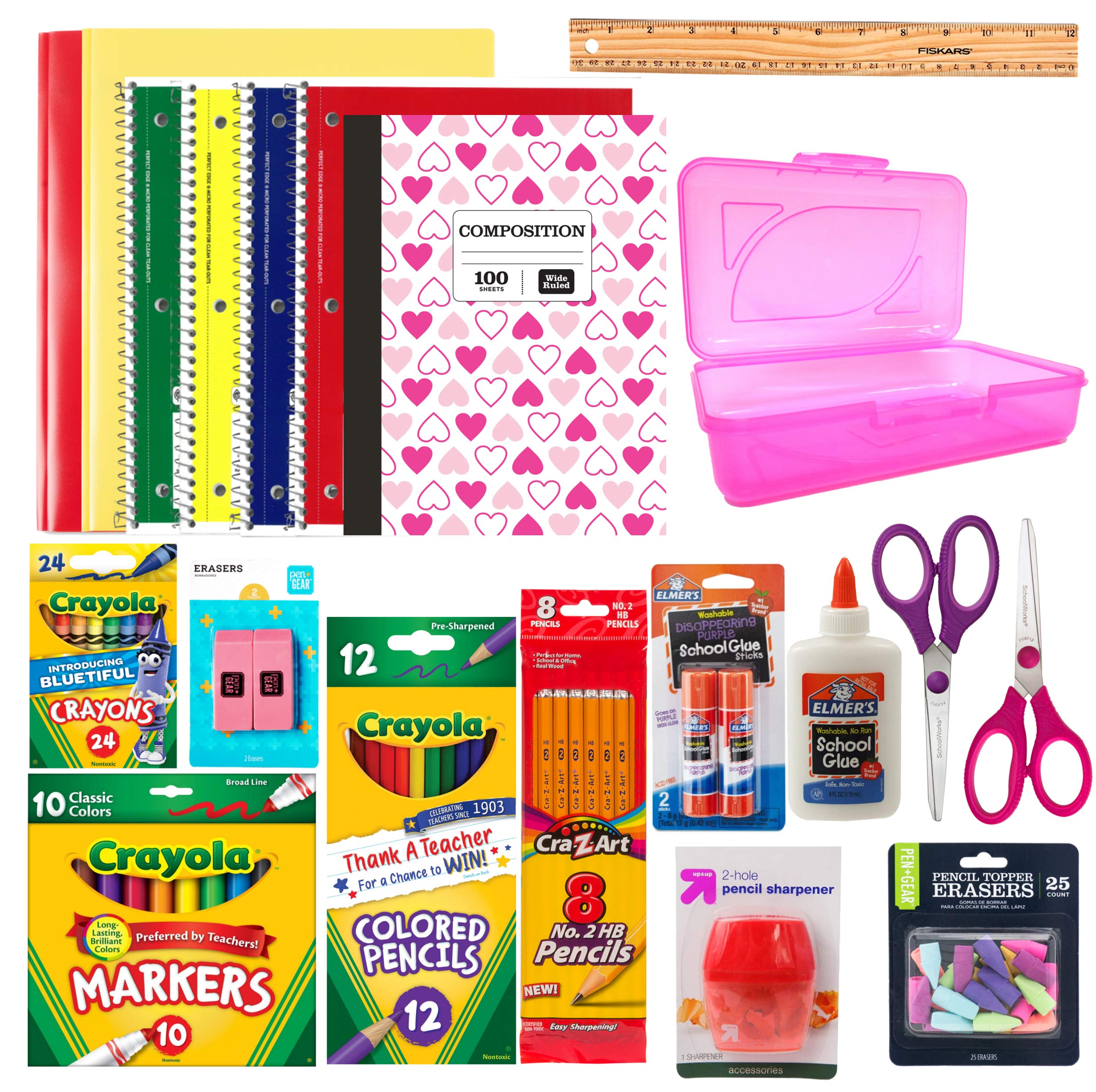 Back to School Supplies Kit for Girls - 50-Piece Essential Pack with Notebooks, Folders, Markers, Crayons & More | Perfect for Grades K-8 Students | Classroom, Homework & Art Projects Supplies