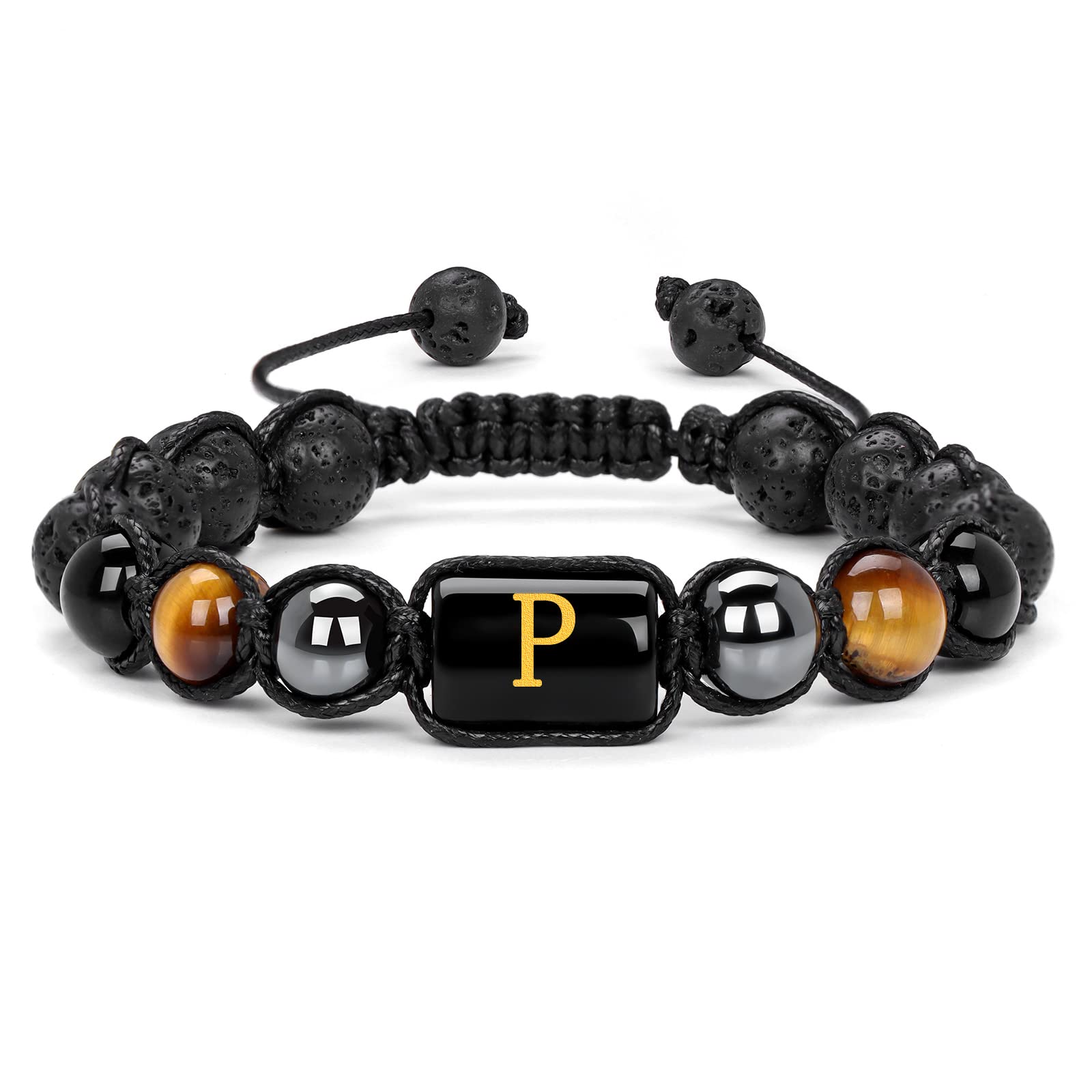 Vinswet Initial Beaded Bracelet for Men - 8mm Tiger Eye, Obsidian & Hematite Triple Protection Adjustable Bracelet - Handmade Lava Rock Stone Yoga Beads Jewelry - Perfect for Meditation, Yoga & Spiritual Healing - Unisex Gift for Men & Women