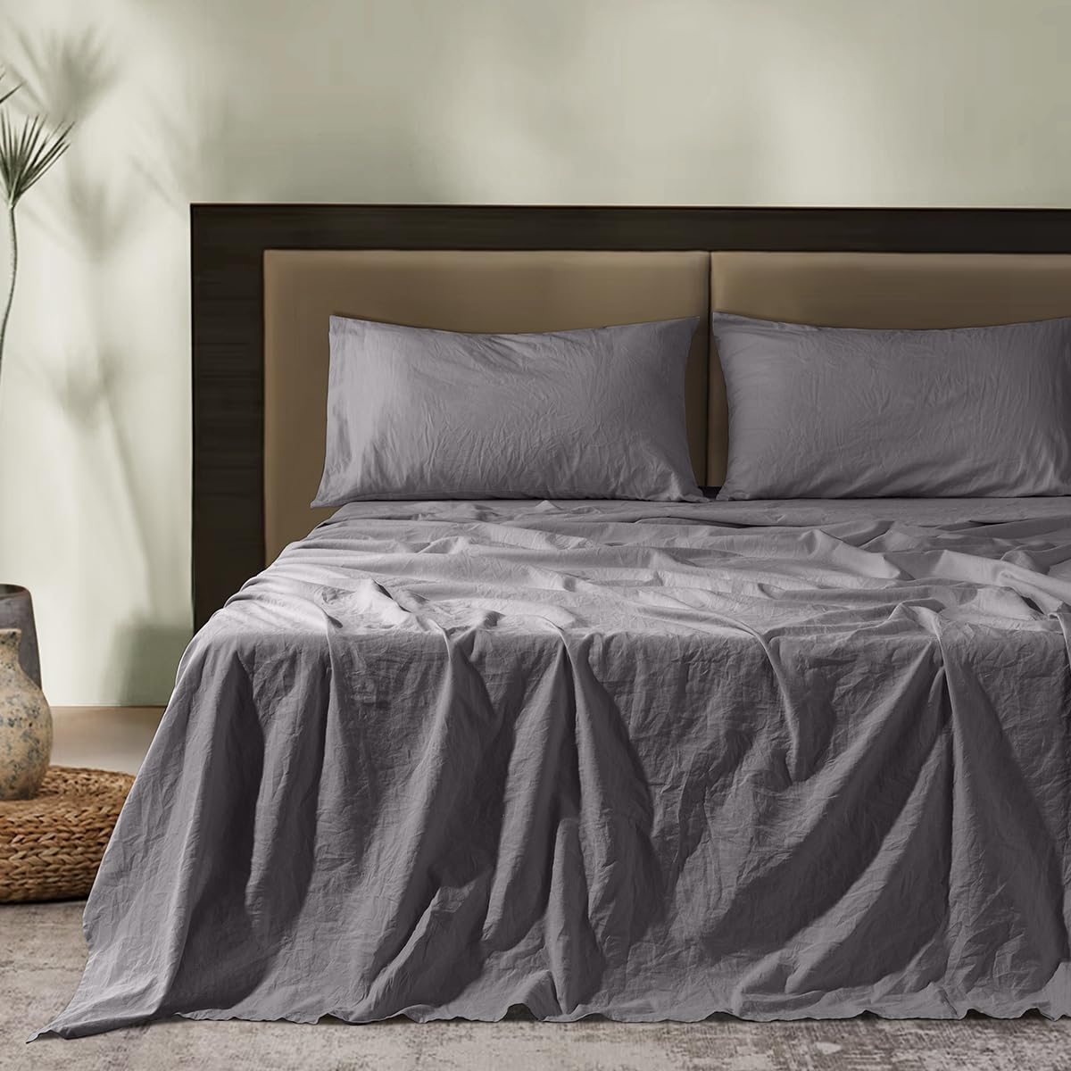 Premium 100% French Pure Linen Queen Sheet Set - 4 Piece Breathable & Durable Bedding with 16