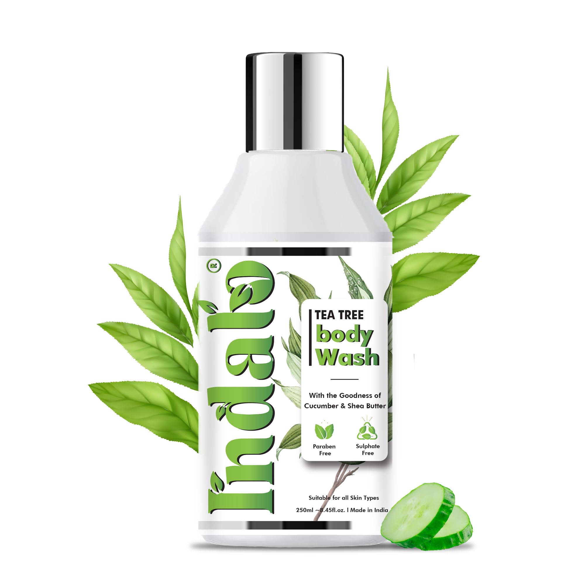 Indalo Tea Tree Body Wash with Cucumber & Shea Butter - Antibacterial, Paraben & Sulfate Free Body Wash for Men & Women (250ml) - Perfect for Daily Shower & Post-Workout Cleansing
