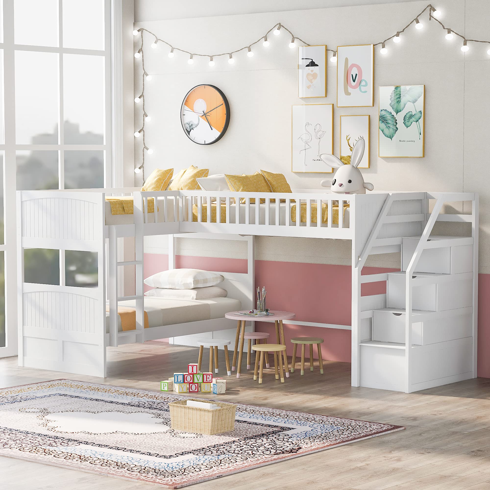 Twin Over Twin L-Shaped Wood Bunk Bed with 3 Storage Drawers, Ladder & Stairway - Solid Wood Twin Bunk Bed Loft Bed for 3 People (White) | Space-Saving Kids Bedroom Furniture for Small Rooms, Dormitories & Shared Bedrooms