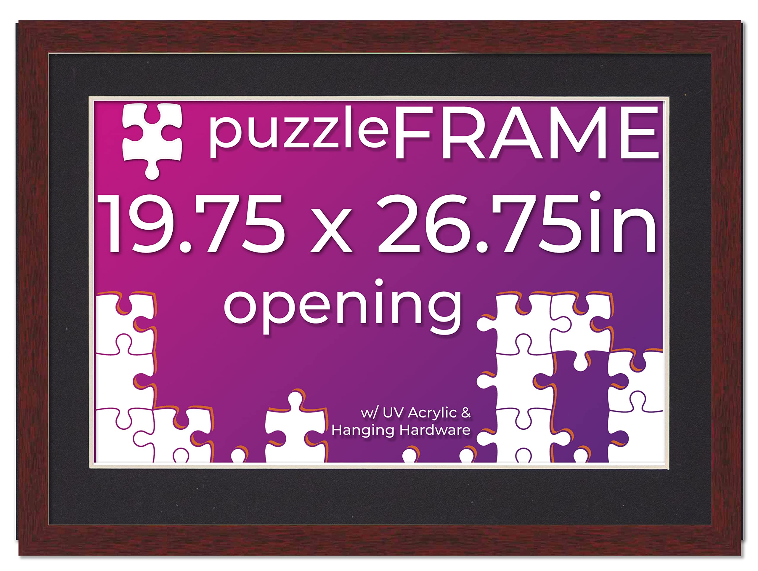 19.75x26.75 Jigsaw Puzzle Frame Kit with Puzzle Glue Sheets, Brown Wood Frame & Black Mat - UV Acrylic Protection, Complete Hanging Hardware - Perfect for Displaying Finished Puzzles in Living Rooms, Game Rooms or as Gifts