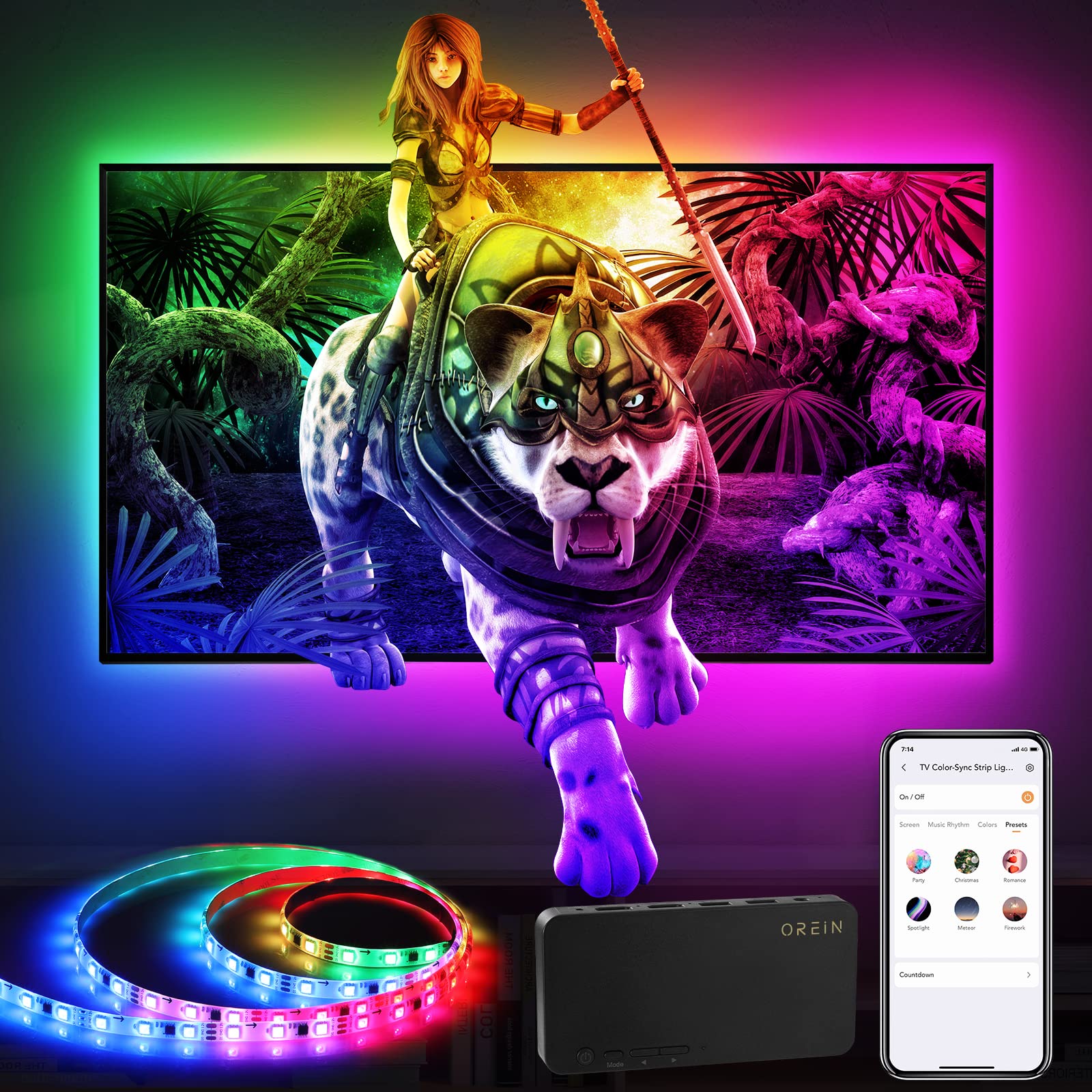 OREiN WiFi LED Strip Lights with HDMI 2.0 Sync Box - Smart TV Backlight for 65-90 inch 4K TVs, App Controlled Ambient Lighting, Works with Alexa & Google Assistant - Perfect for Home Theater, Gaming & Movie Nights