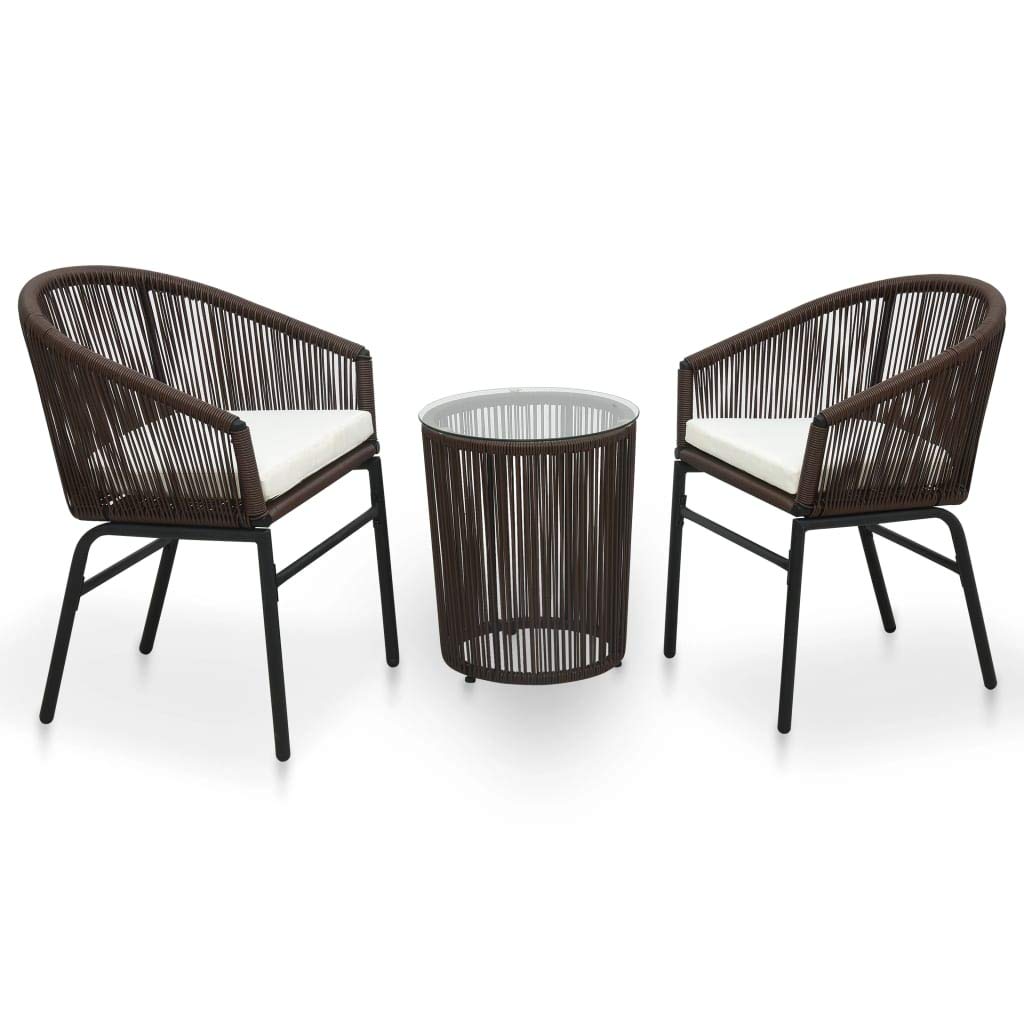 vidaXL 3-Piece Patio Bistro Set with Cushions - Brown PE Rattan Outdoor Furniture, Round Glass-Top Table Conversation Set for Garden, Deck, or Backyard Relaxation