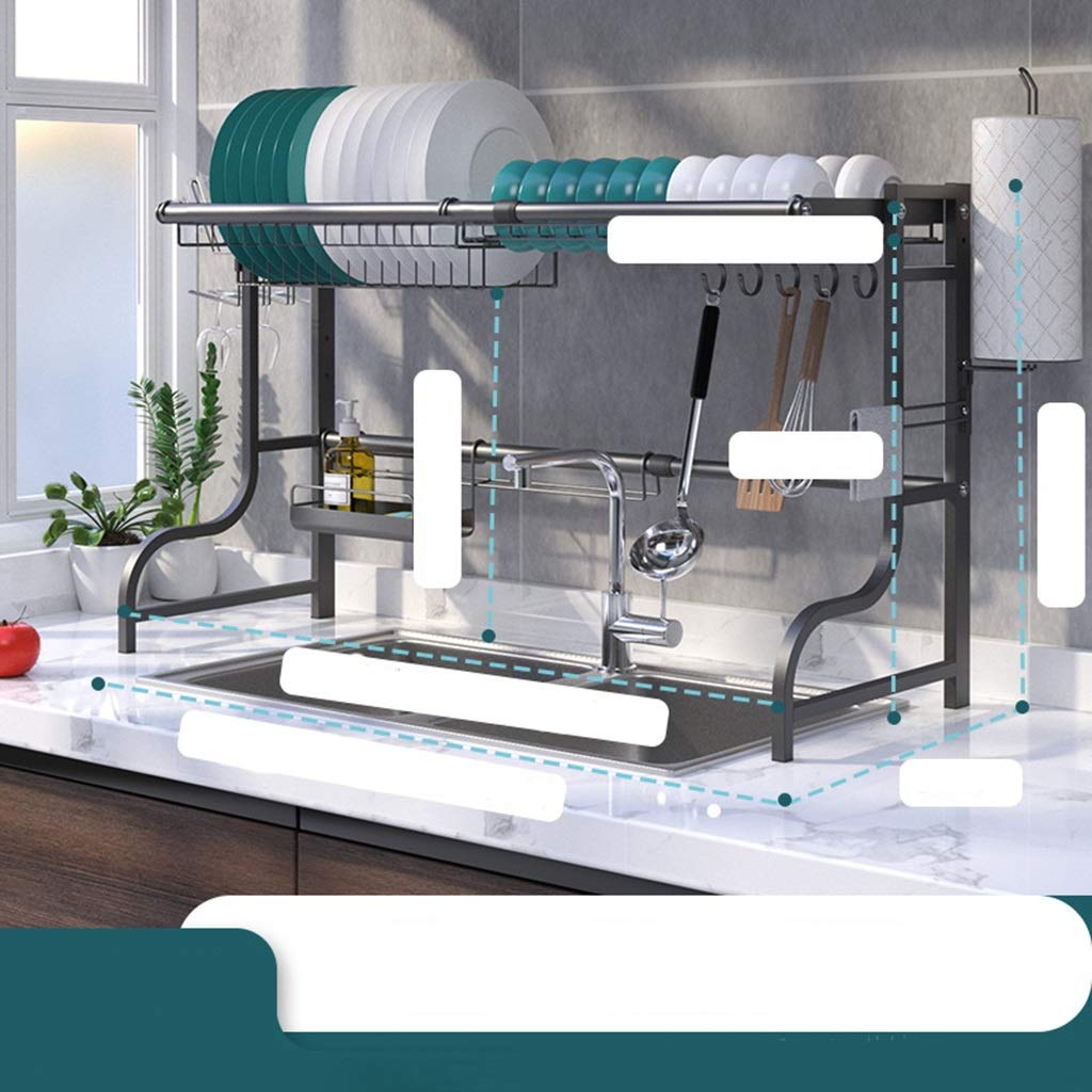 Stainless Steel Dish Drying Rack - Adjustable 57cm to 93cm Over Sink 2-Tier Dish Drainer for Plates, Bowls & Pots | Space Saving Kitchen Countertop Organizer | Perfect for Small Apartments, RVs & Compact Kitchens