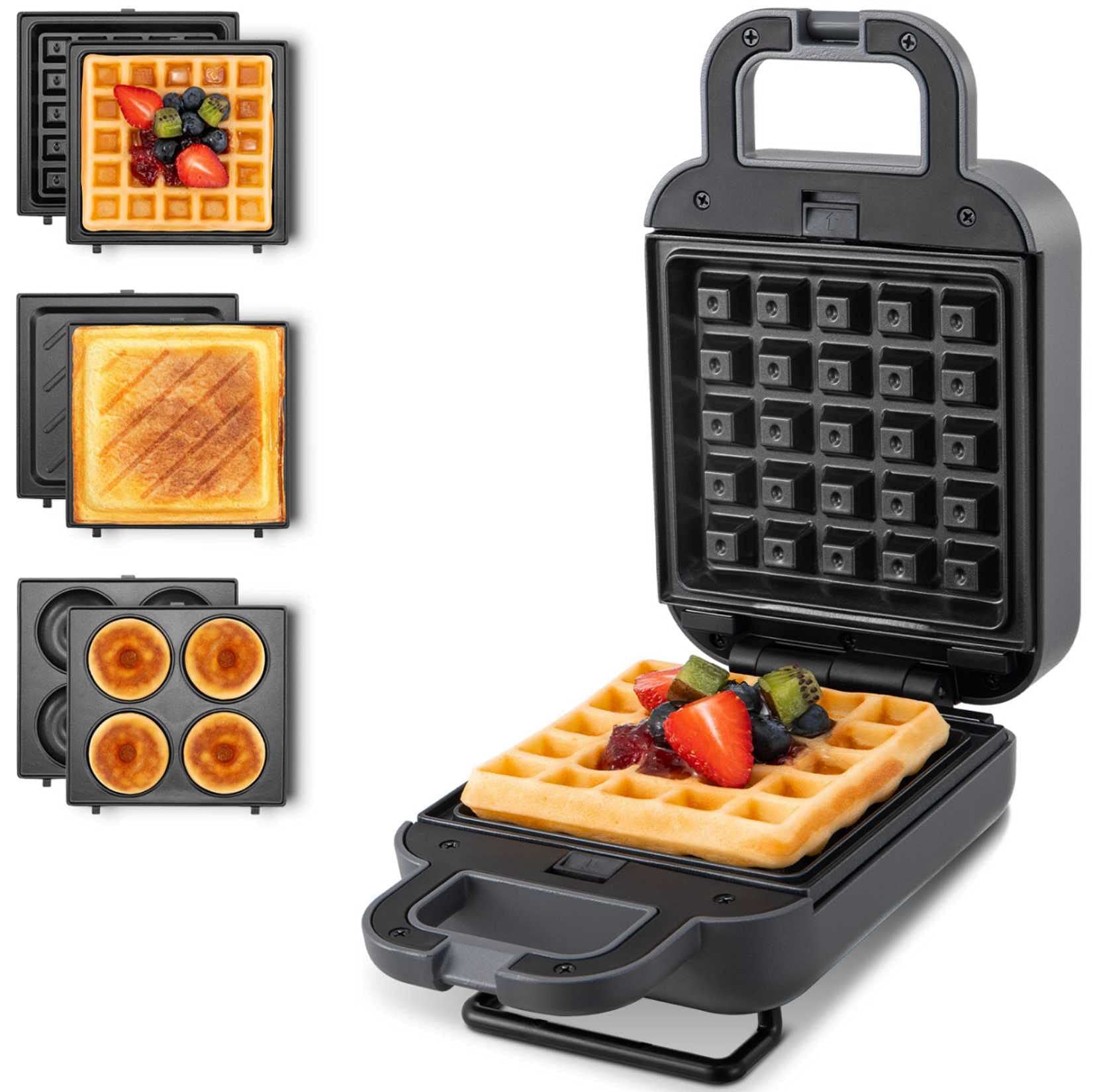 Mini Waffle Maker with Removable Plates - 3-in-1 Belgian Waffle, Donut & Sandwich Maker - Non-Stick Compact Design (600W, Gray) - Perfect for Keto Chaffles, Grilled Cheese & Paninis - Ideal for Small Kitchens, Dorms & Breakfast in Bed