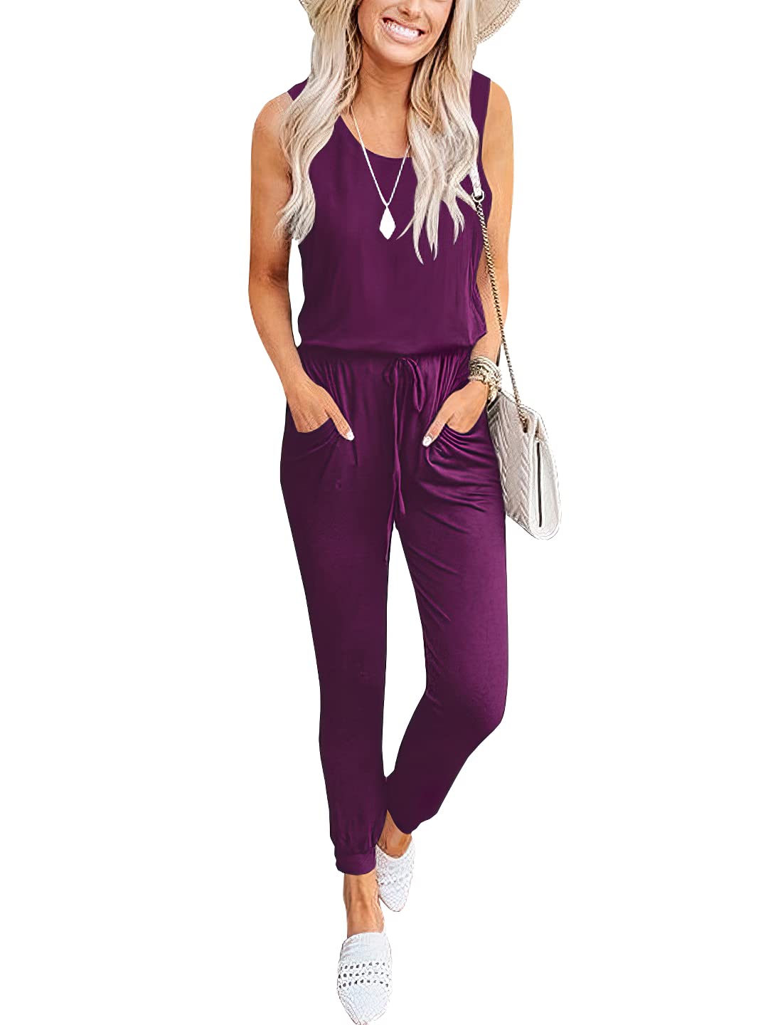 Caracilia Women's Sleeveless Jumpsuit - Stretchy Elastic Waist Romper with Pockets | Casual Summer Outfit for Beach, Travel & Everyday Wear