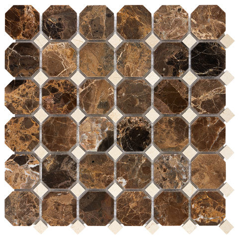 Emperador Dark Marble Octagonal Mosaic Tile with Beige Dots - Polished Finish for Bathroom Wall & Kitchen Backsplash