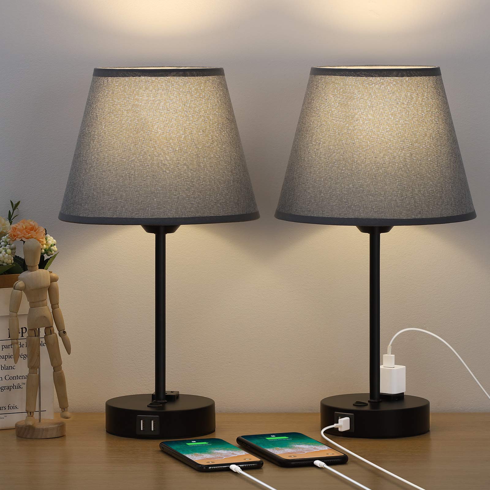 Modern USB Bedside Table Lamps with 2 Charging Ports & AC Outlet - Set of 2 LED Nightstand Lamps for Bedroom, Living Room, Study - Perfect for Reading, Working & Charging Devices